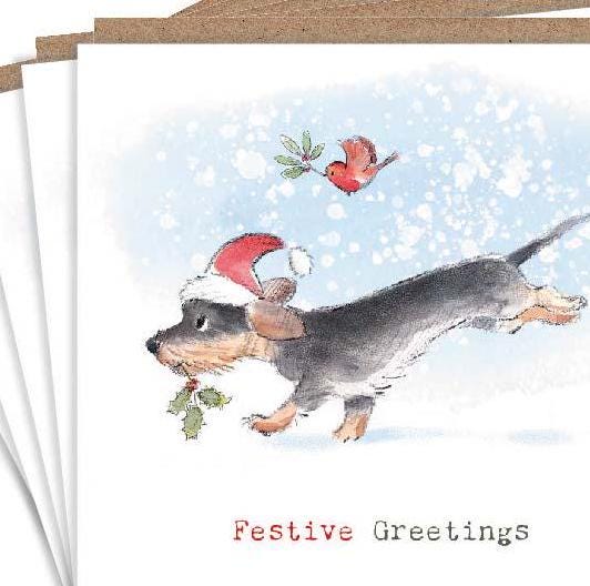 Christmas Card pack - 5 small quality cards with brown recycled envelopes -125 x 125mm-  one design - Running Puppy -  XPACK02