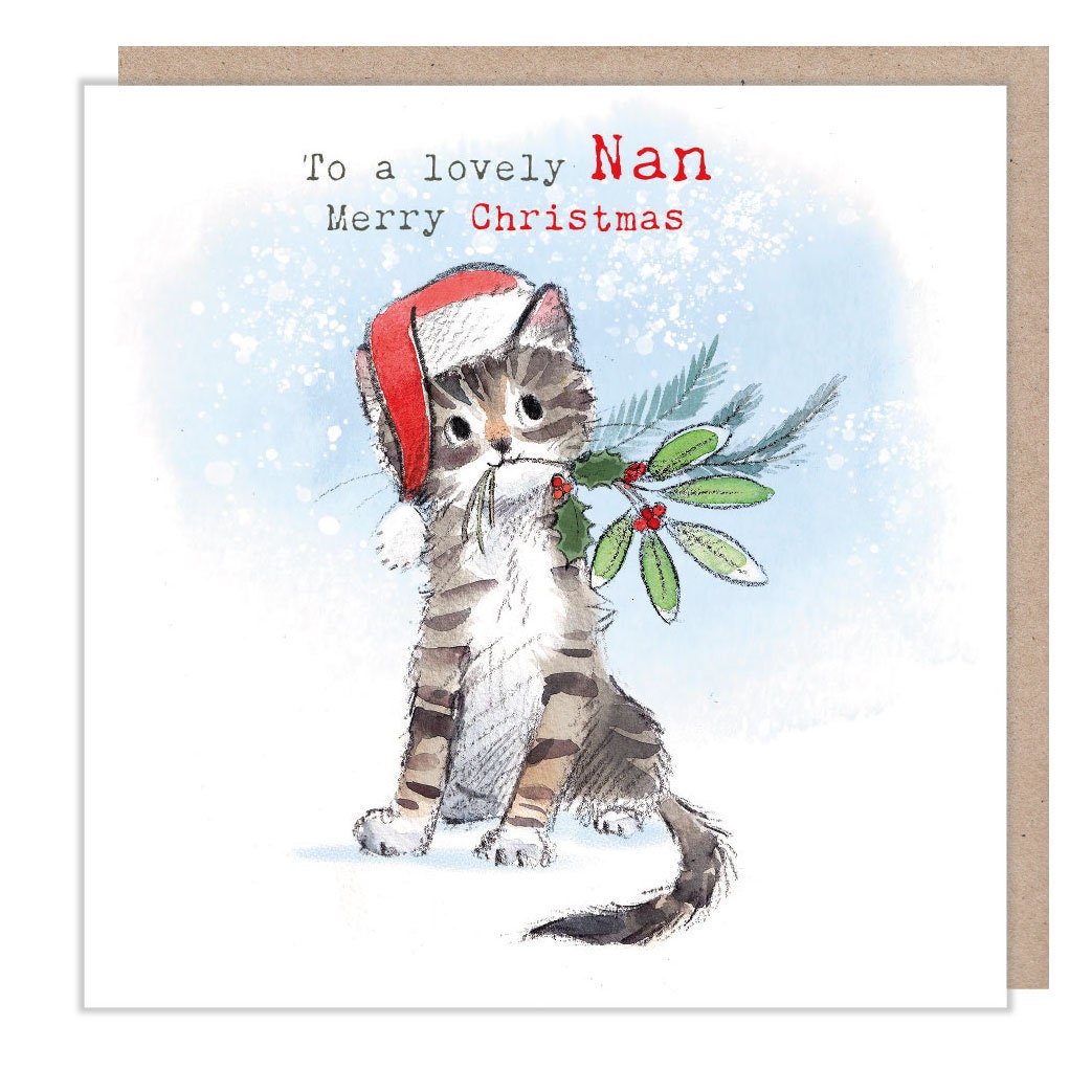 To a lovely Nan - Quality Christmas Card - 150 x 150mm - Charming Tabby Cat illustration - 'Pawsitively Purrect' range - Made in UK - XPP012