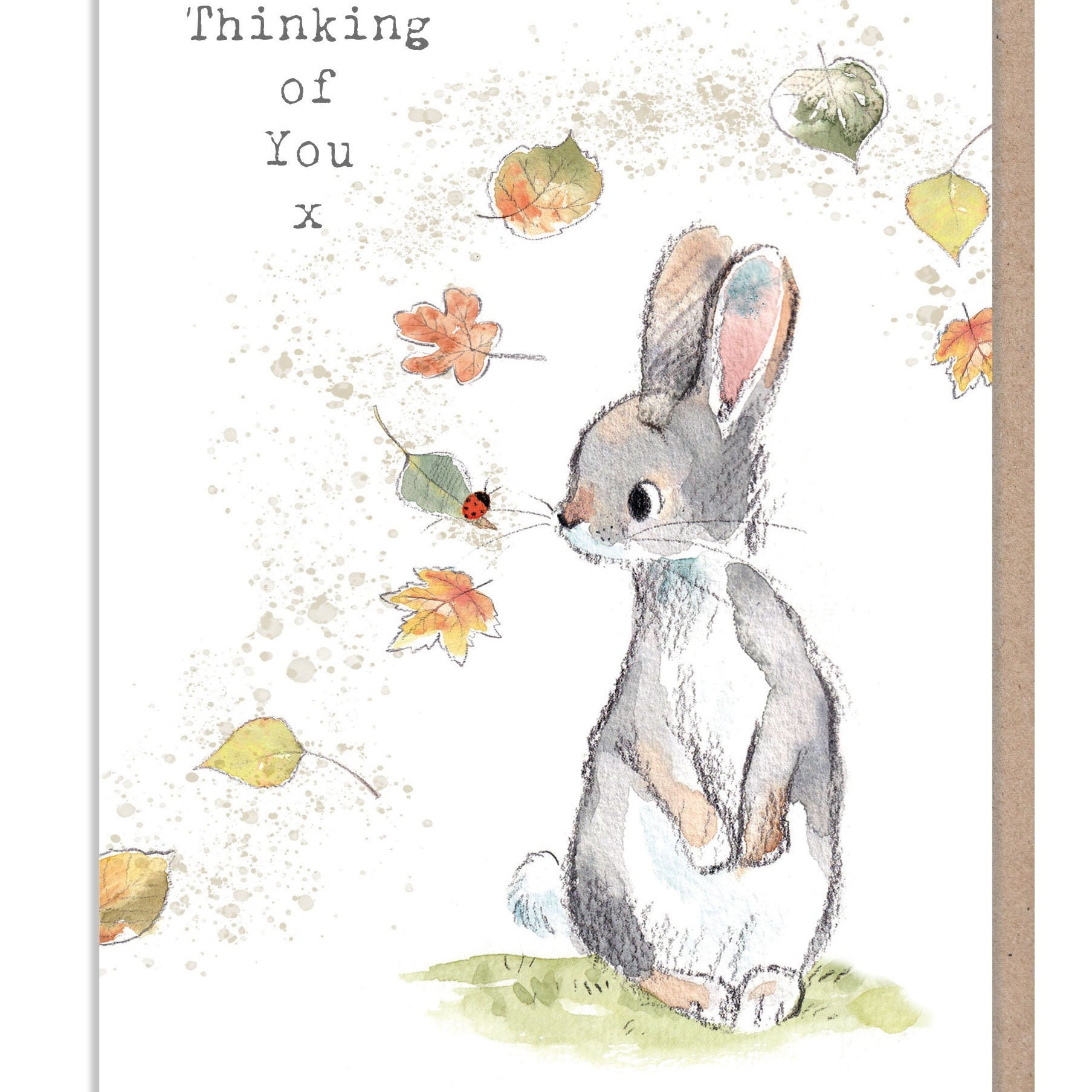 Thinking of you Card - Cute Rabbit with leaves and lady bird Illustration - BWE031