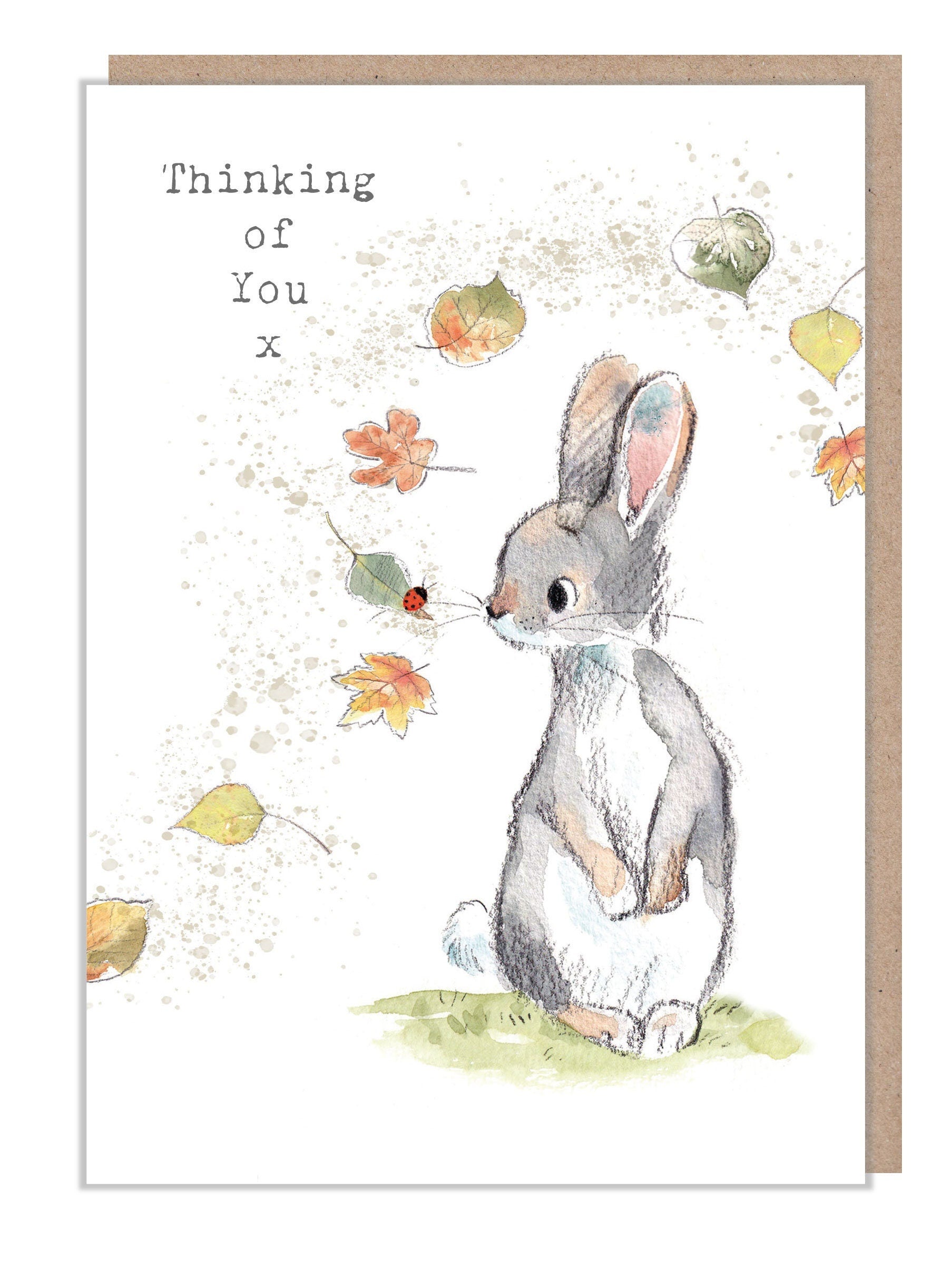 Thinking of you Card - Cute Rabbit with leaves and lady bird Illustration - BWE031
