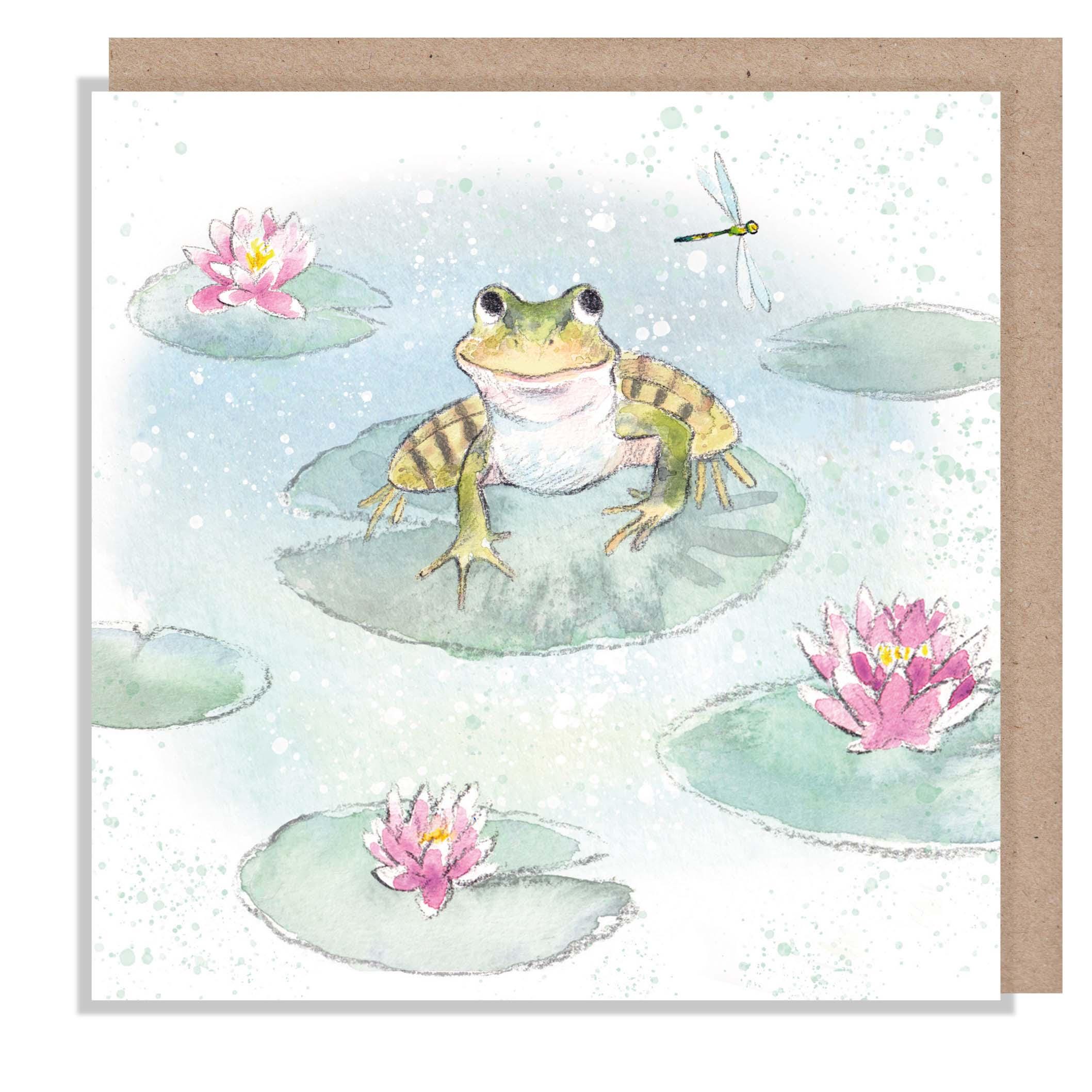 Blank Card  -Quality greeting Card - Frog and waterlily illustration - 'Down by the river' range - made in UK  - RIV014