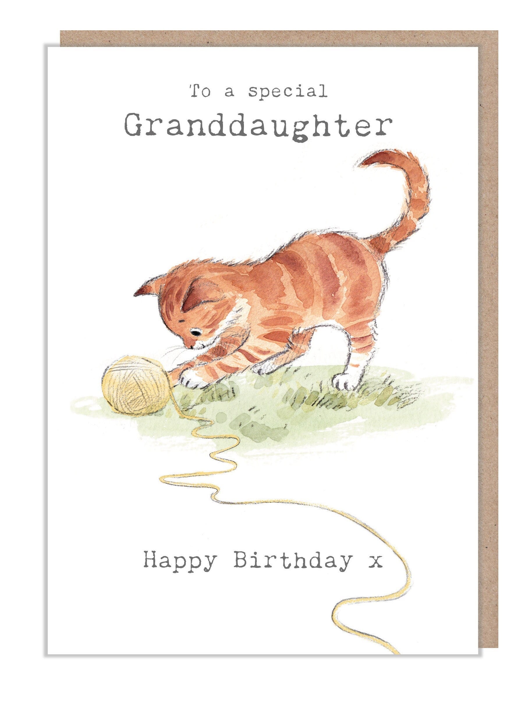 Granddaughter Birthday card - Cute Kitten with wool Illustration - EPP015