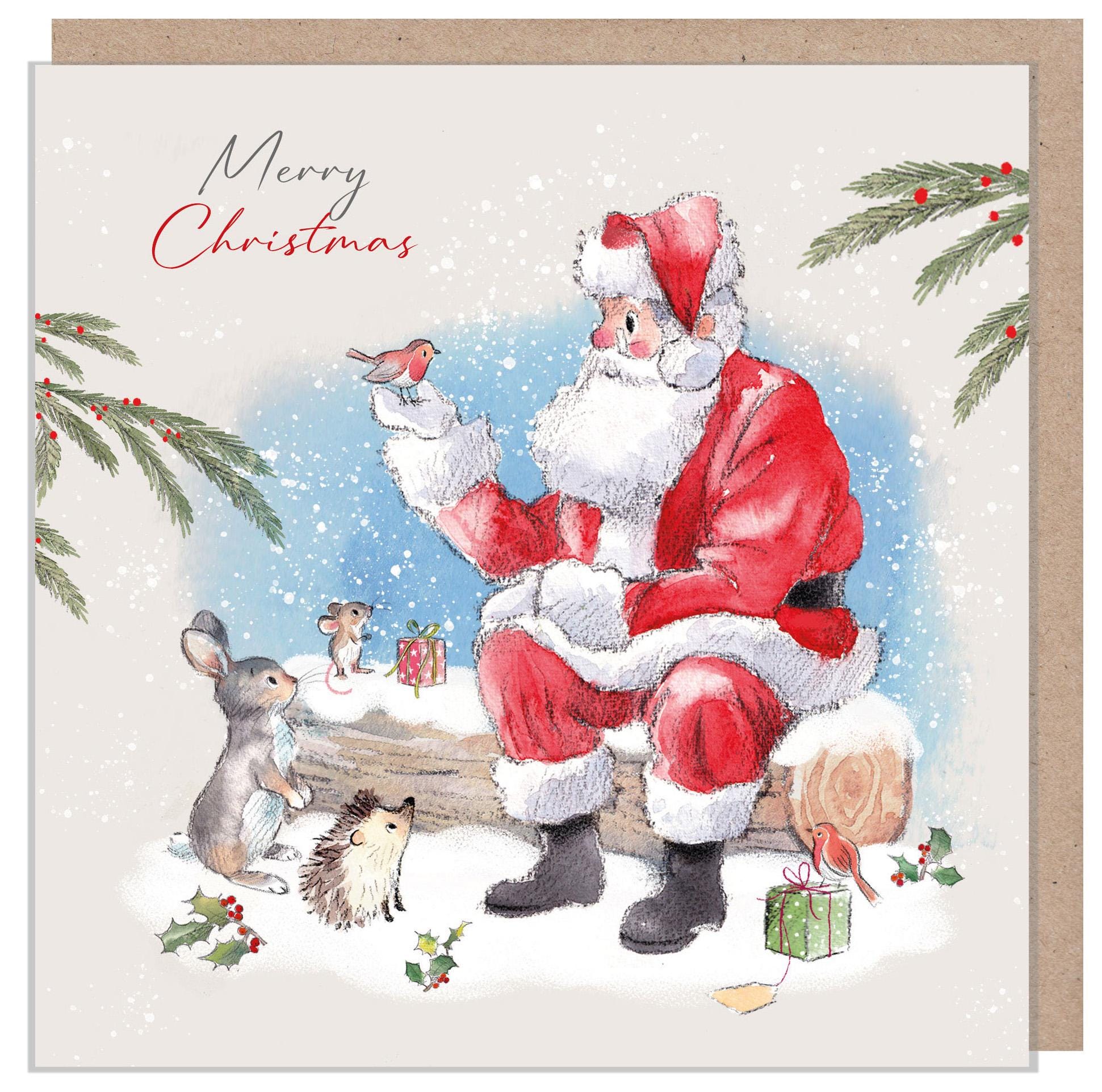 Quality Christmas Card- Merry Christmas -150 x 150mm - Santa holding Robin - 'Wintery Tails'  range - Made in UK - WT04