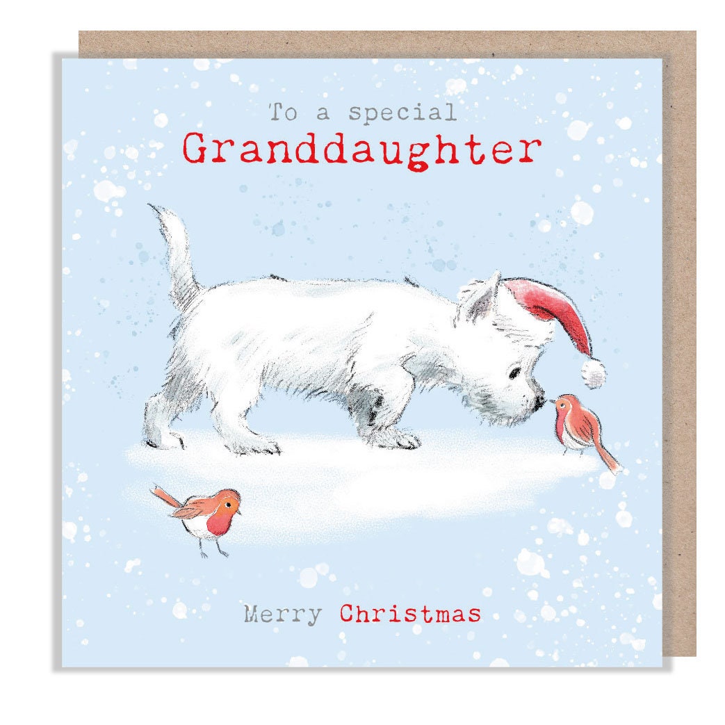 To a special Granddaughter- Quality Christmas Card - 150 x 150 mm - Charming Westie illustration -  Made in UK -  ABX119
