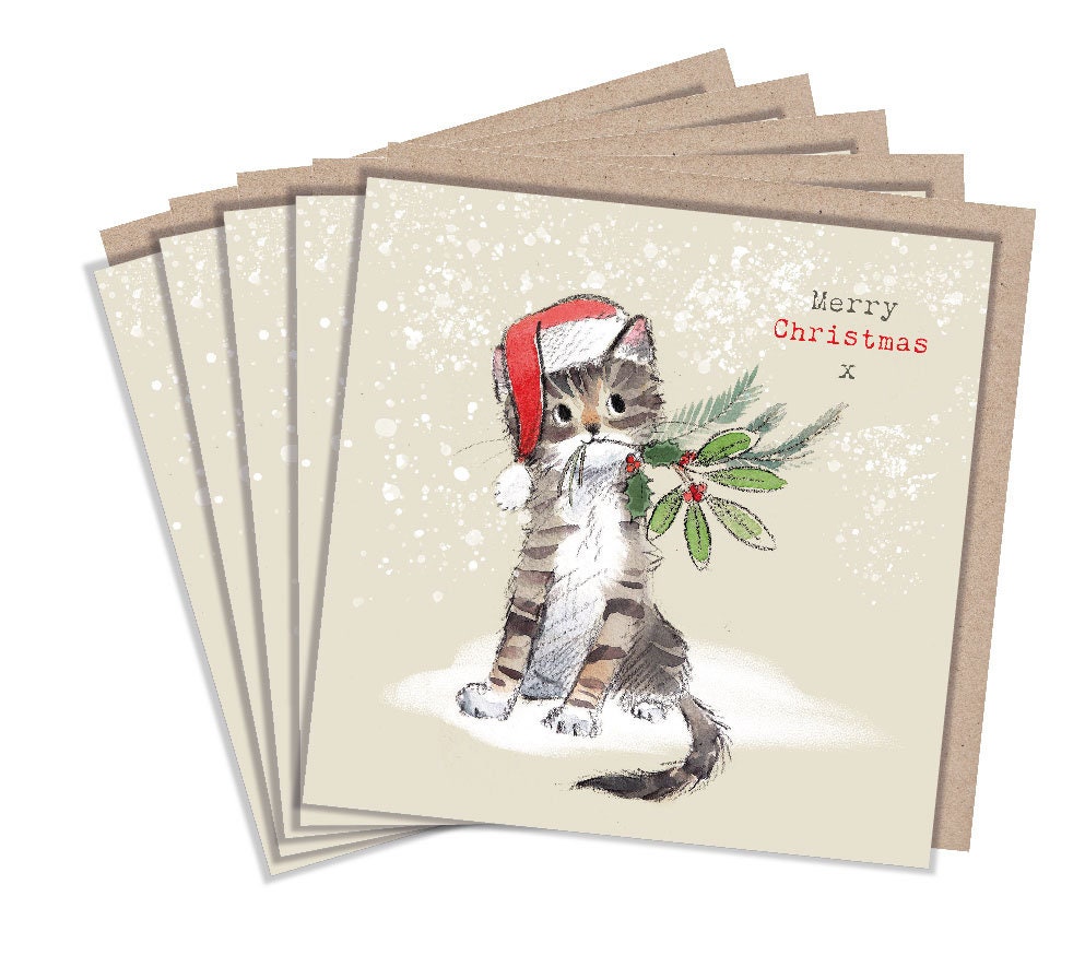 Christmas Card pack - 5 small quality cards with brown recycled envelopes -125 x 125mm-  one design - Cute tabby Kitten -  XPACK08