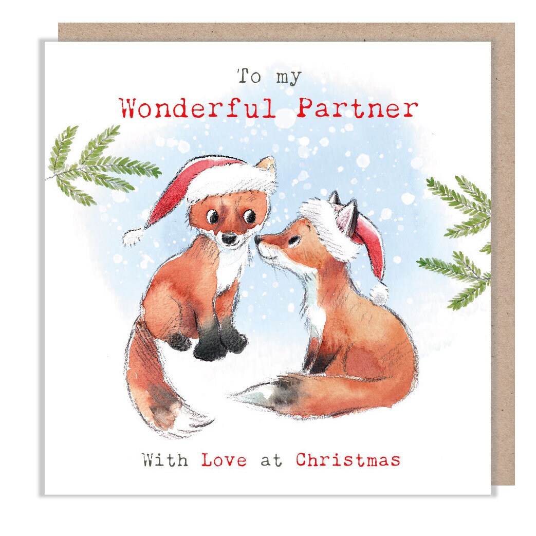 Wonderful Partner - Quality Christmas Card - 150 x 150mm - Charming Fox illustration - 'Bucklebury Wood'  range - Made in UK -  BWX019
