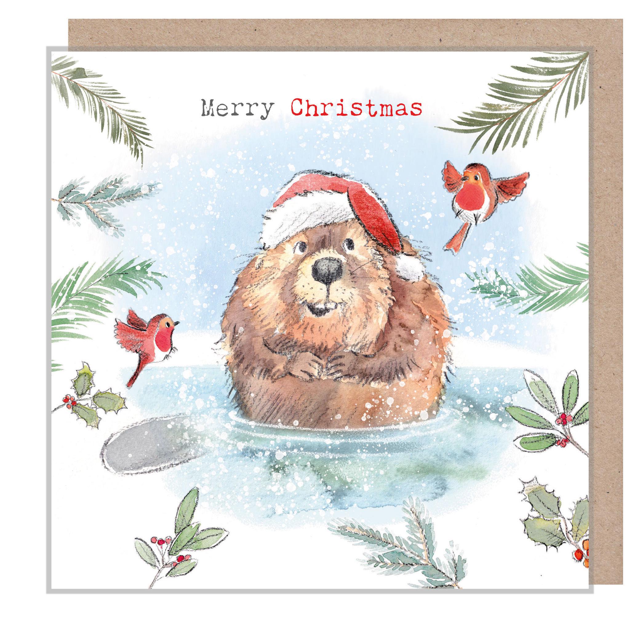 Quality Christmas Card- Merry Christmas - Beaver and Robins Illustration - 'Down by the river' range - Made in UK -  RIVX02