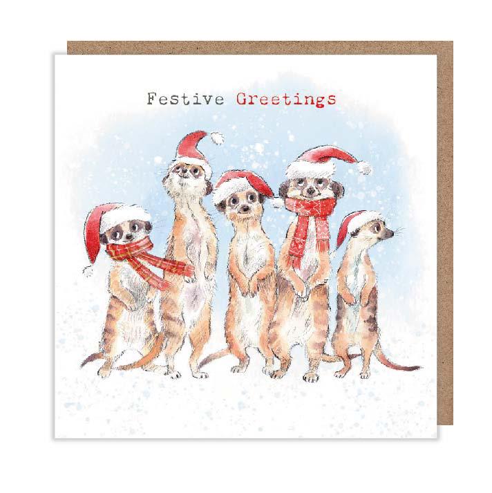 Christmas Card pack - 5 small quality cards with brown recycled envelopes -125 x 125mm-  one design - Cute Meerkats -  XPACK09