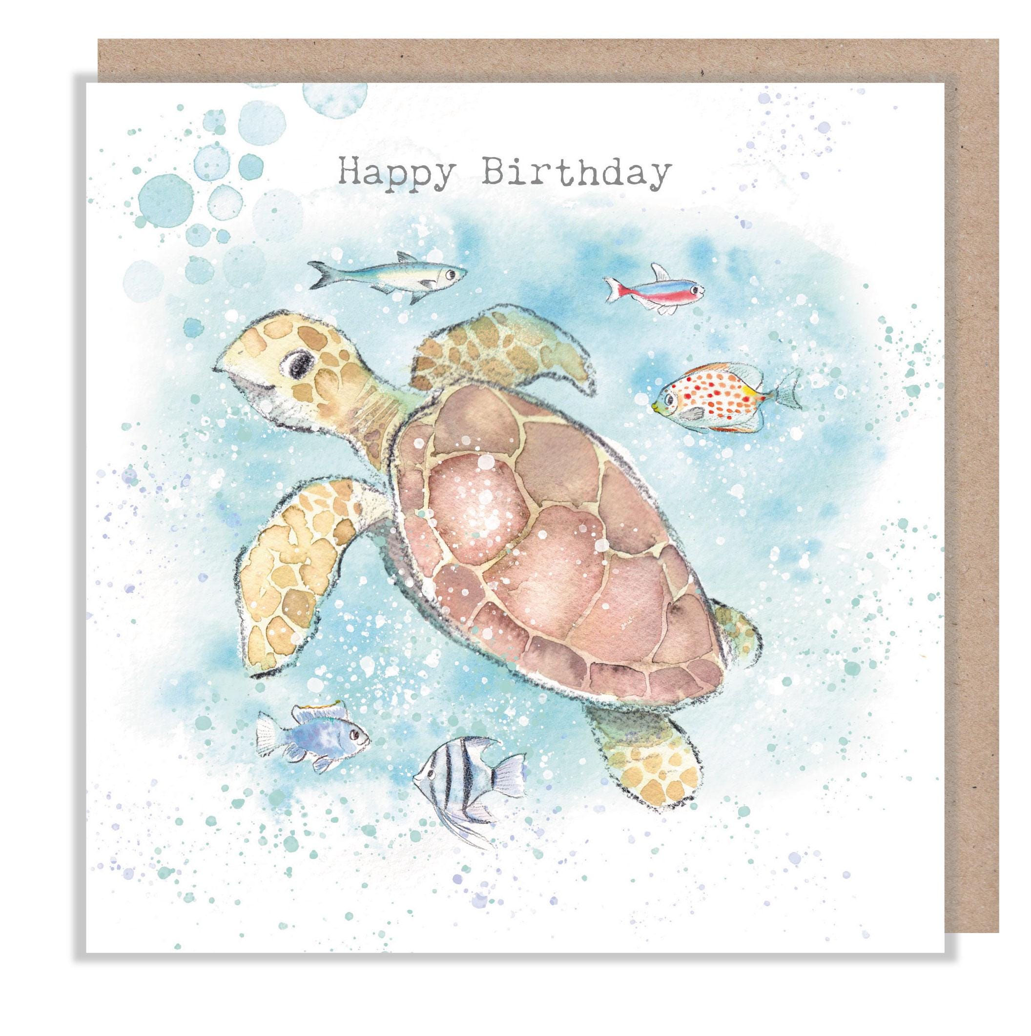 Birthday Card -  Charming illustration - Sea Turtle with fish  'By the Sea Shore'  range - Made in UK -  SEA010