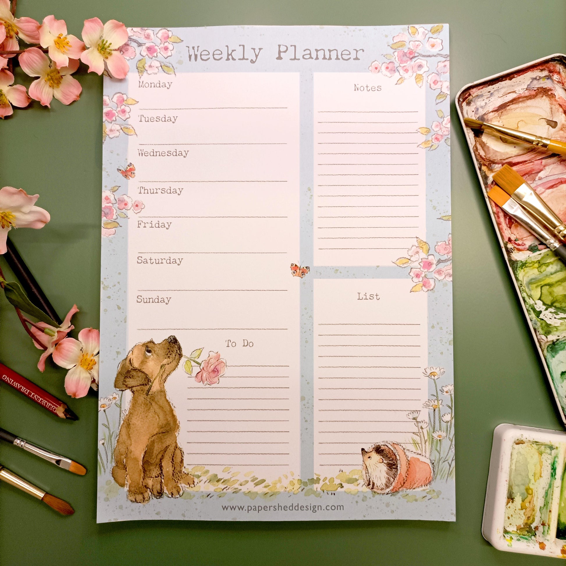 Weekly Planner - A4 size -  charming brown puppy Illustration - made in the UK - WPLAN03