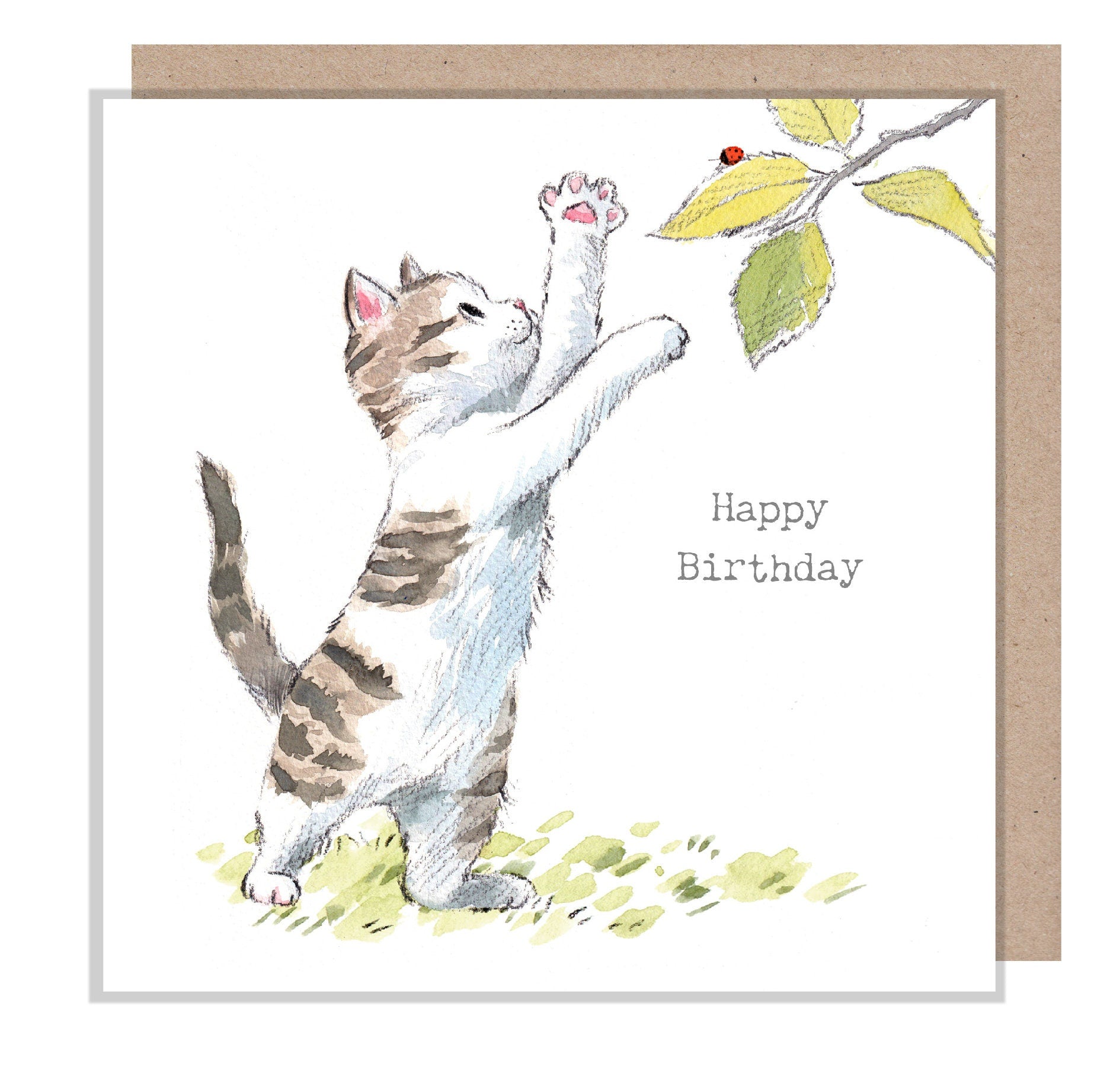 Cat Birthday Card - Quality Greeting Card - Charming illustration - 'Pawsitively Purrect' range - Cat with leaves - Made in UK-EPP019