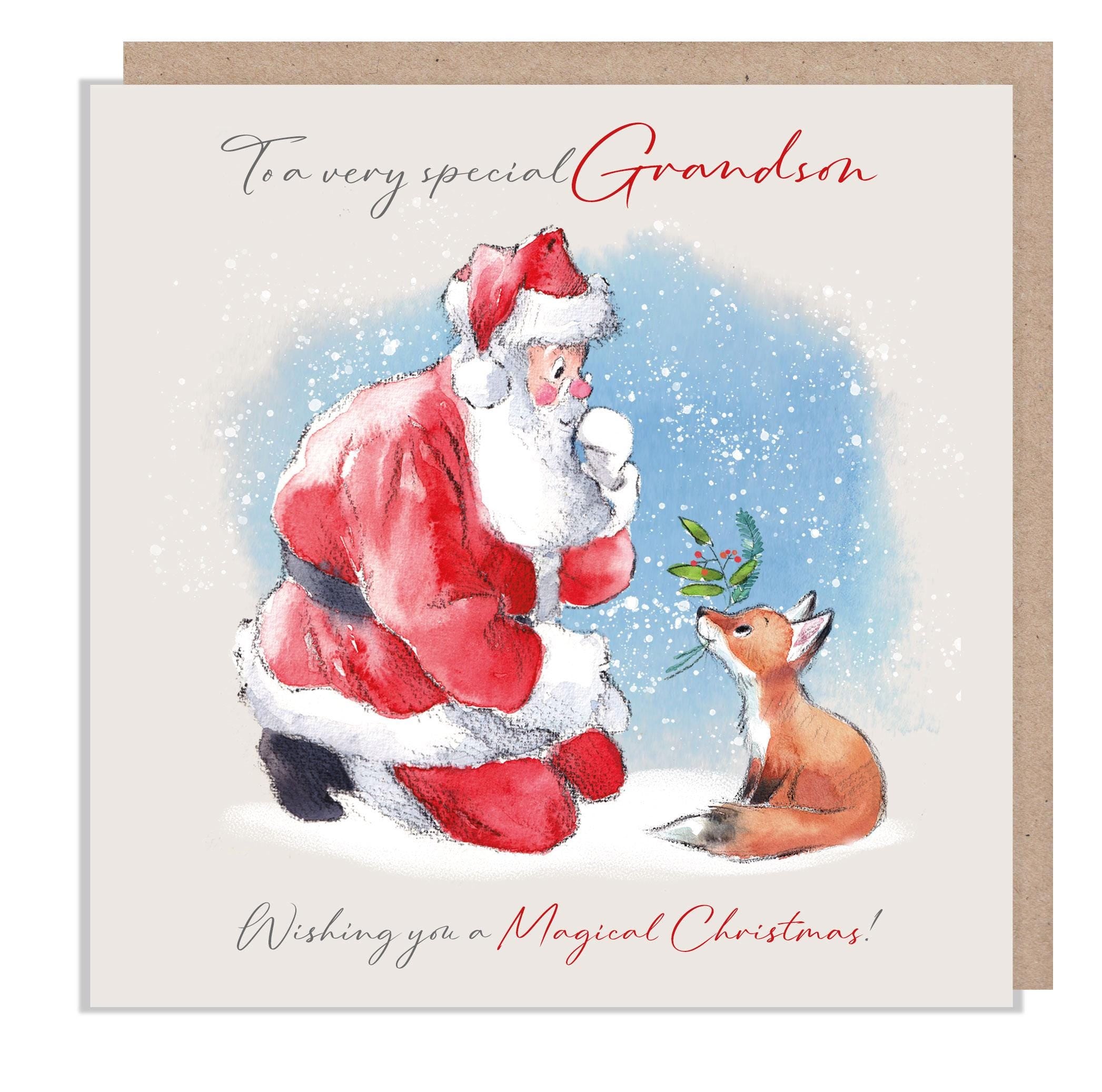 To a special Grandson- Quality Christmas Card - 150 x 150mm - Charming Santa and Fox  illustration - 'Wintery Tails'  range  - WT016