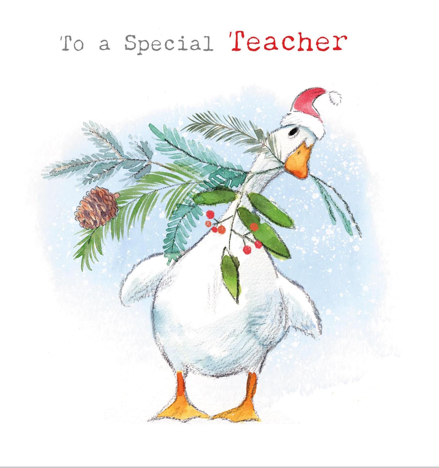 Duck Christmas Card for Teacher: UK Made Foliage Illustration