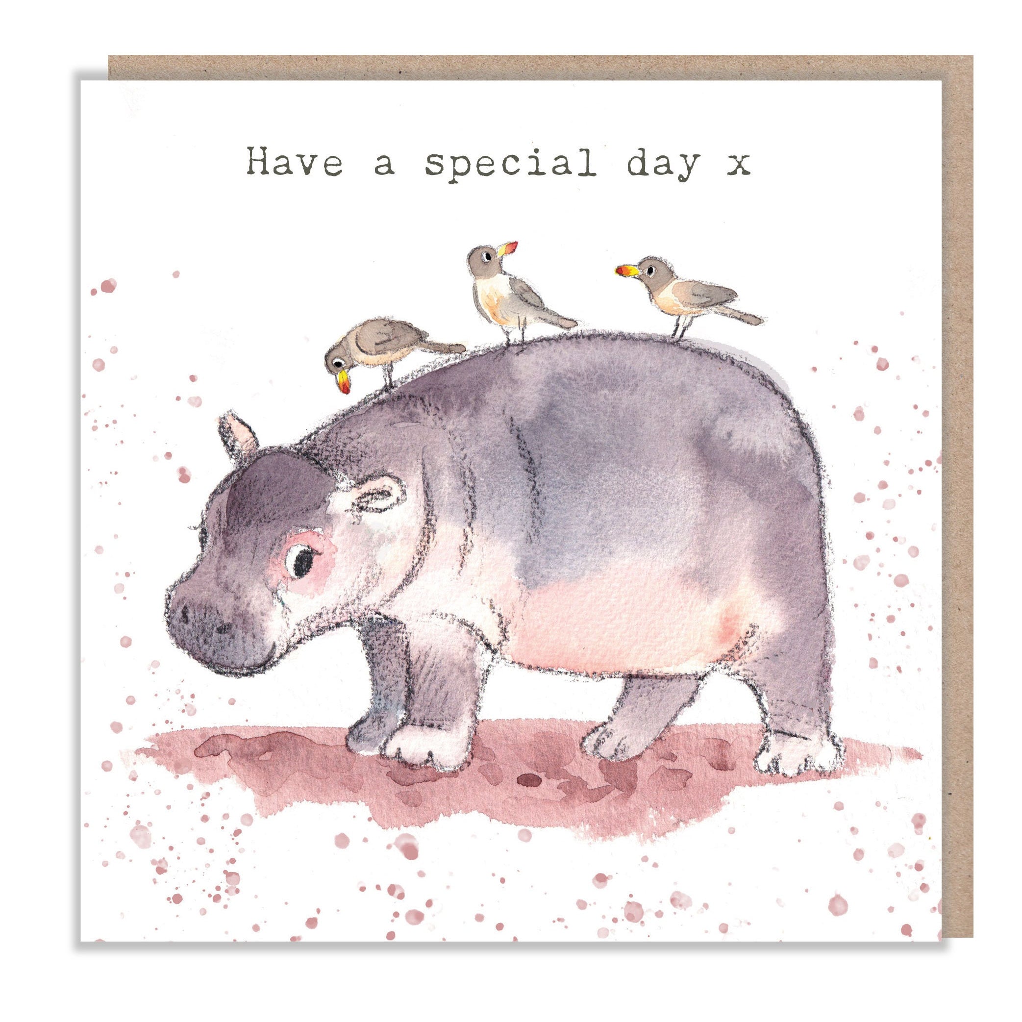 Greeting Card - Have a lovely day - Charming illustration - Hippo with birds - 'Wonderfully Wild'  range - Made in UK -  WWE07
