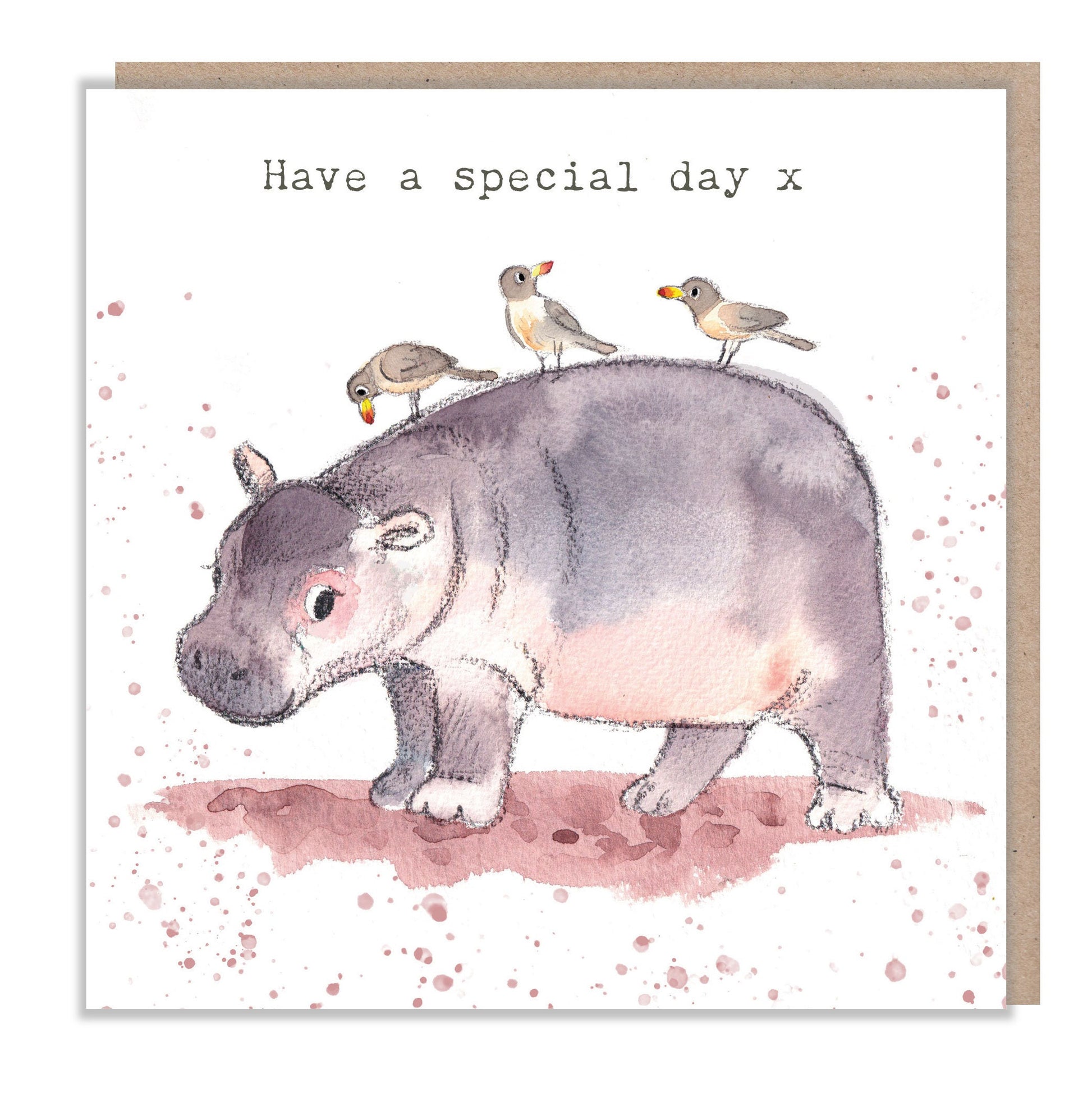 Greeting Card - Have a lovely day - Charming illustration - Hippo with birds - 'Wonderfully Wild'  range - Made in UK -  WWE07