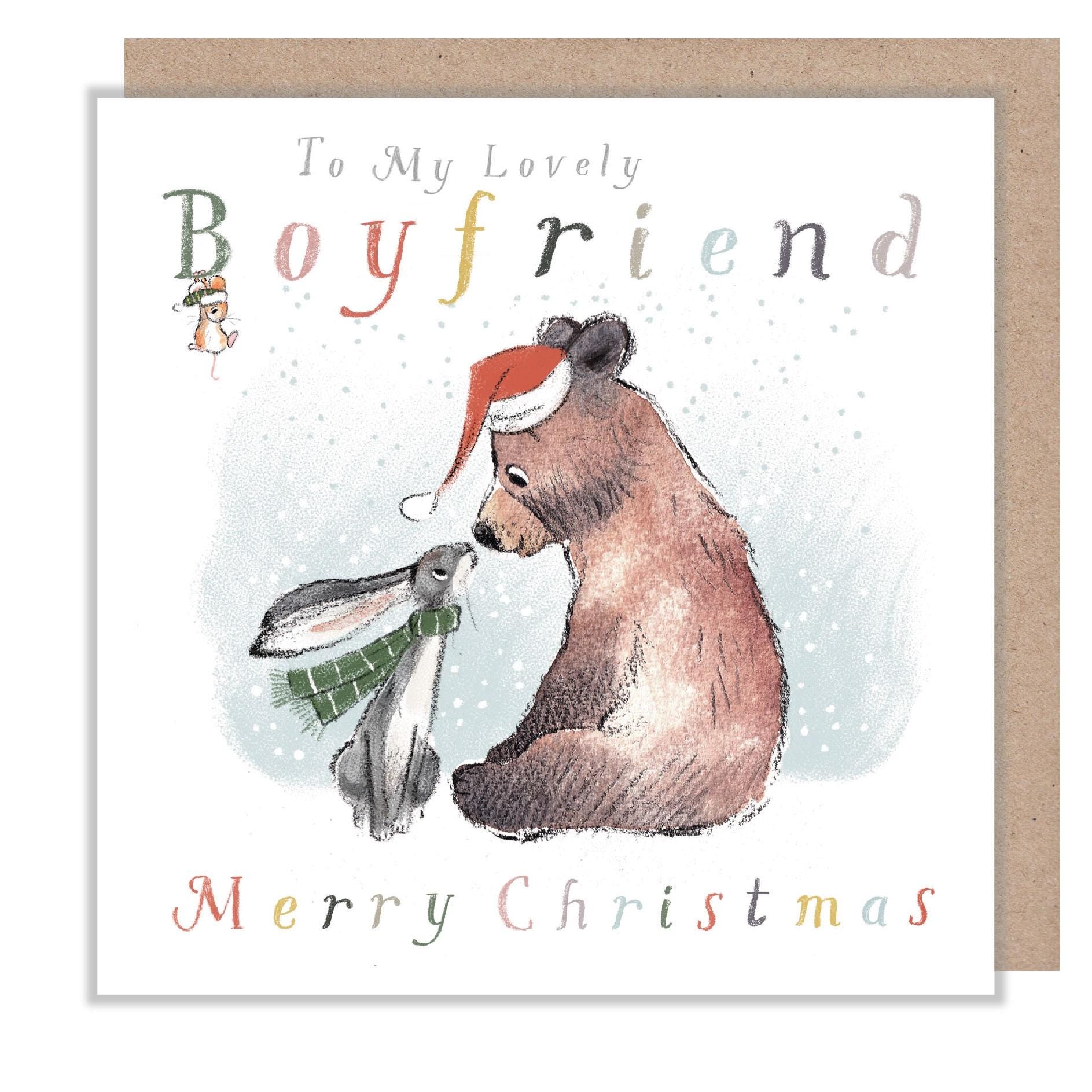 Boyfriend Christmas Card, 'the Bear, the Hare, and the Mouse', Cute heart warming Bear Illustration, made in UK, BHMX015