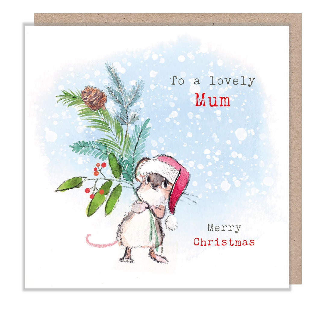 To a Lovely Mum - Quality Christmas Card - 150 x 150mm - Charming Mouse illustration - 'Bucklebury Wood'  range - Made in UK -  BWX021