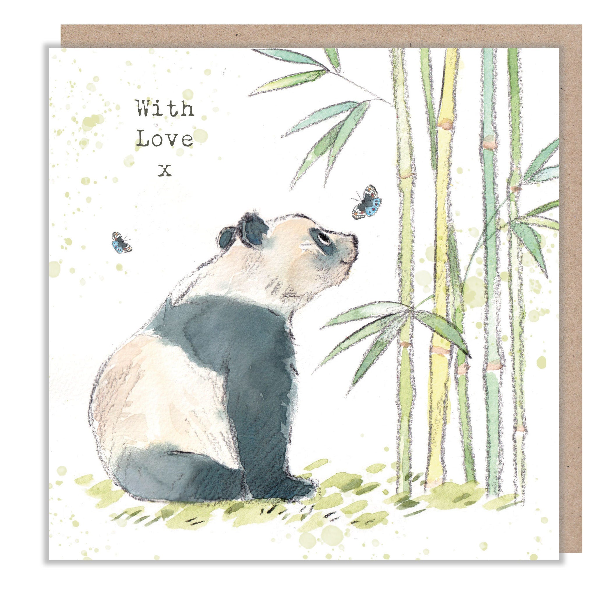 Panda Greeting Card -  Charming illustration - Panda with bamboo and butterflies - 'Wonderfully Wild'  range - Made in UK -  WWE09