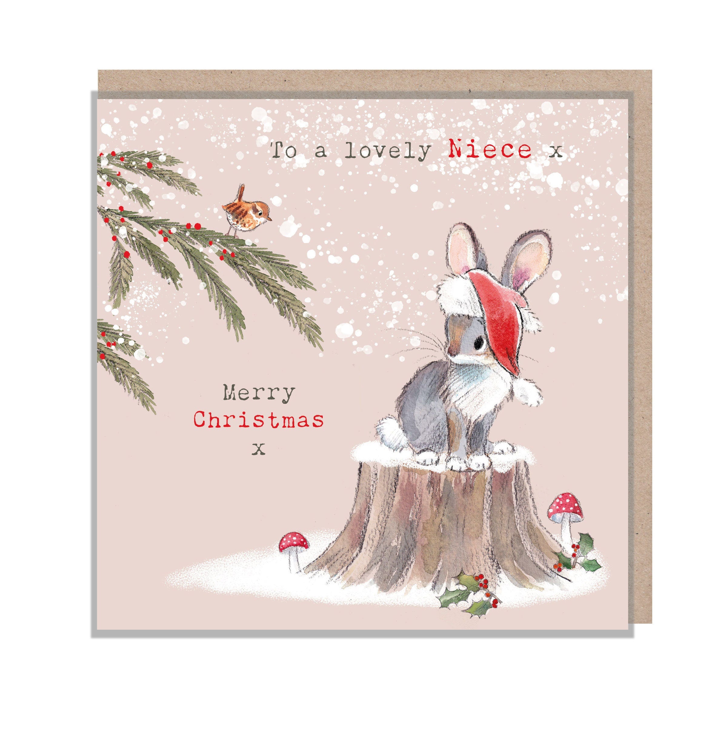 Niece Christmas Card - Charming Rabbit illustration - 'Bucklebury wood' range- Made in UK -  BWX05