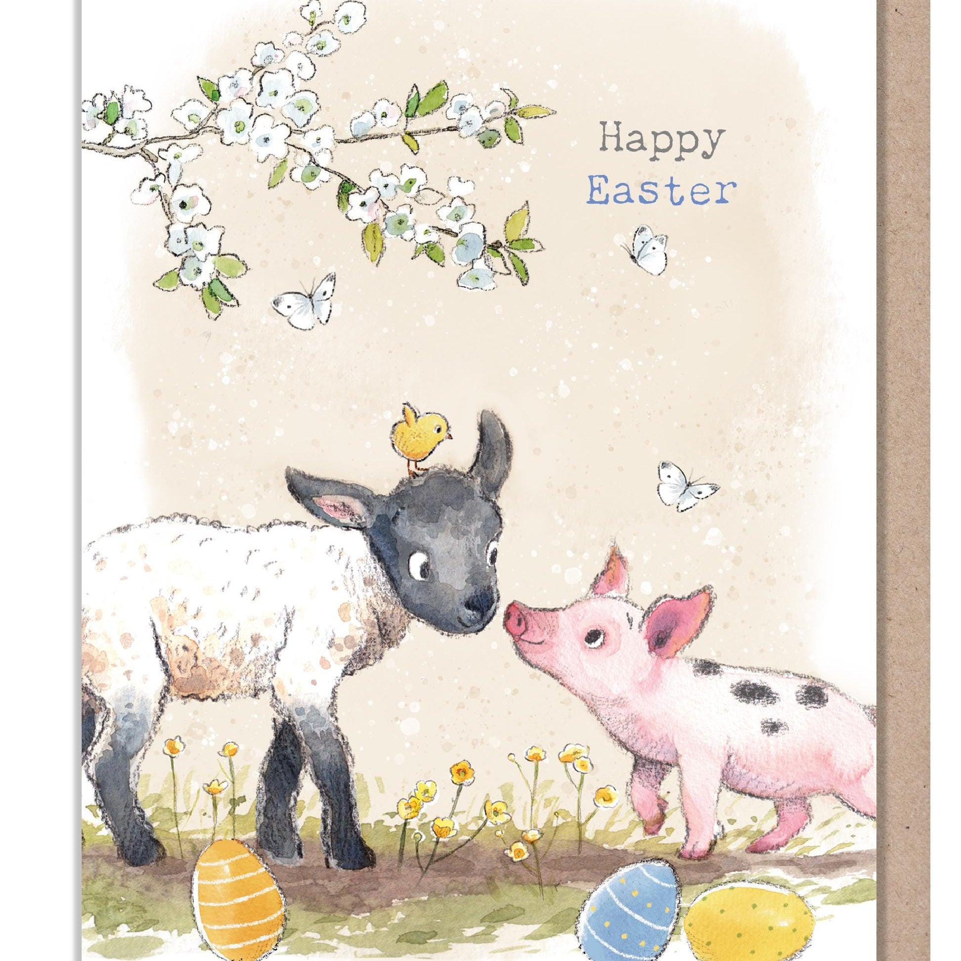 Easter Card - Quality Greeting Card - Charming illustration - 'Buttercup Farm' range - Lamb and piglet - Made UK -  BFEASTER02