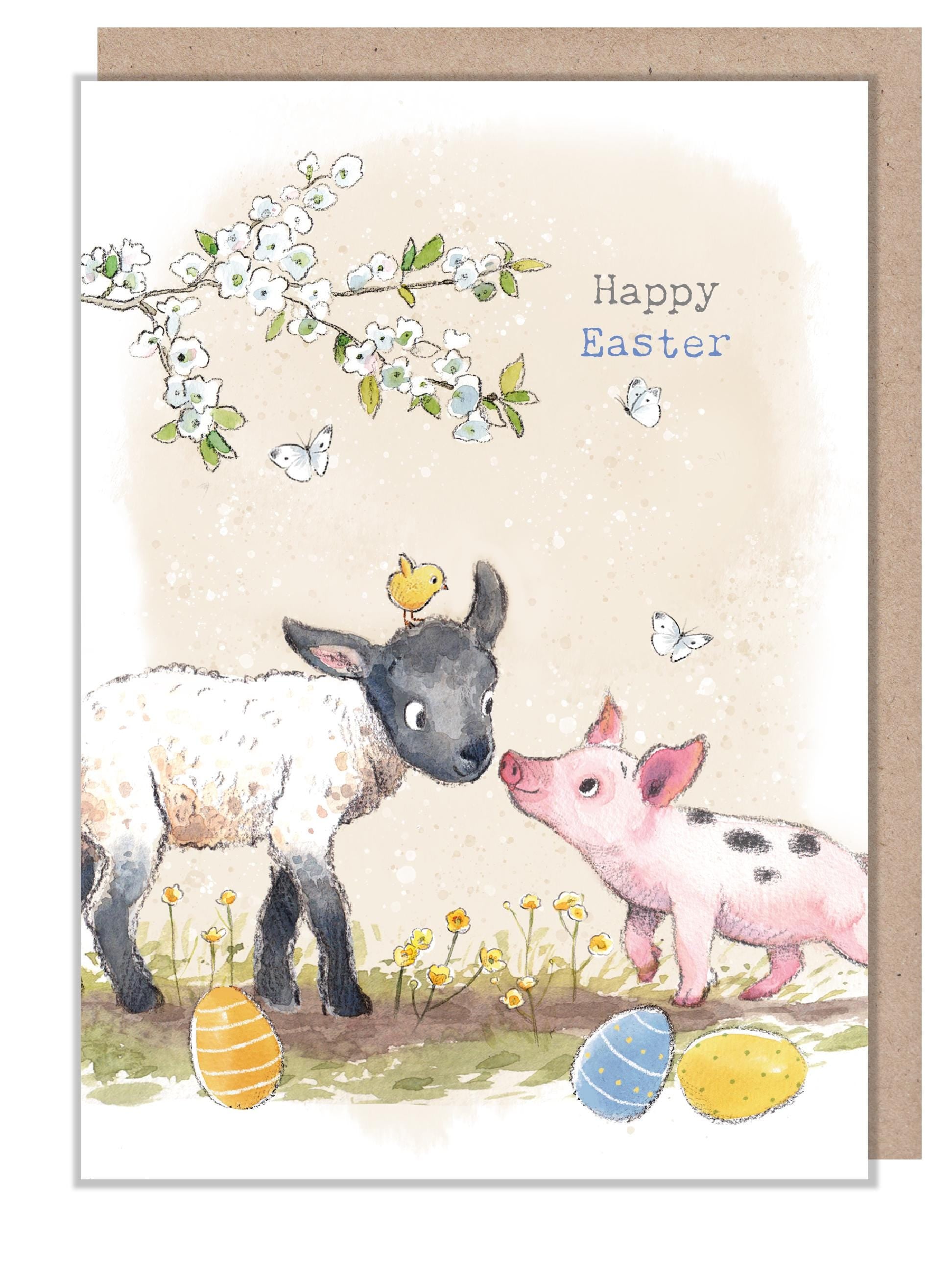 Easter Card - Quality Greeting Card - Charming illustration - 'Buttercup Farm' range - Lamb and piglet - Made UK -  BFEASTER02