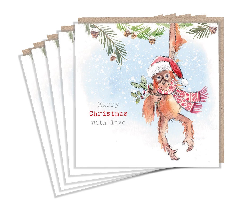 Christmas Card pack - 5 small quality cards with brown recycled envelopes -125 x 125mm-  one design - Cute Orangutan -  XPACK010