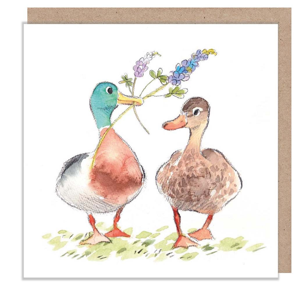 Ducks - Blank -Quality greeting Card - Mallards with Flowers illustration - 'Down by the river' range - made in UK  - RIV06