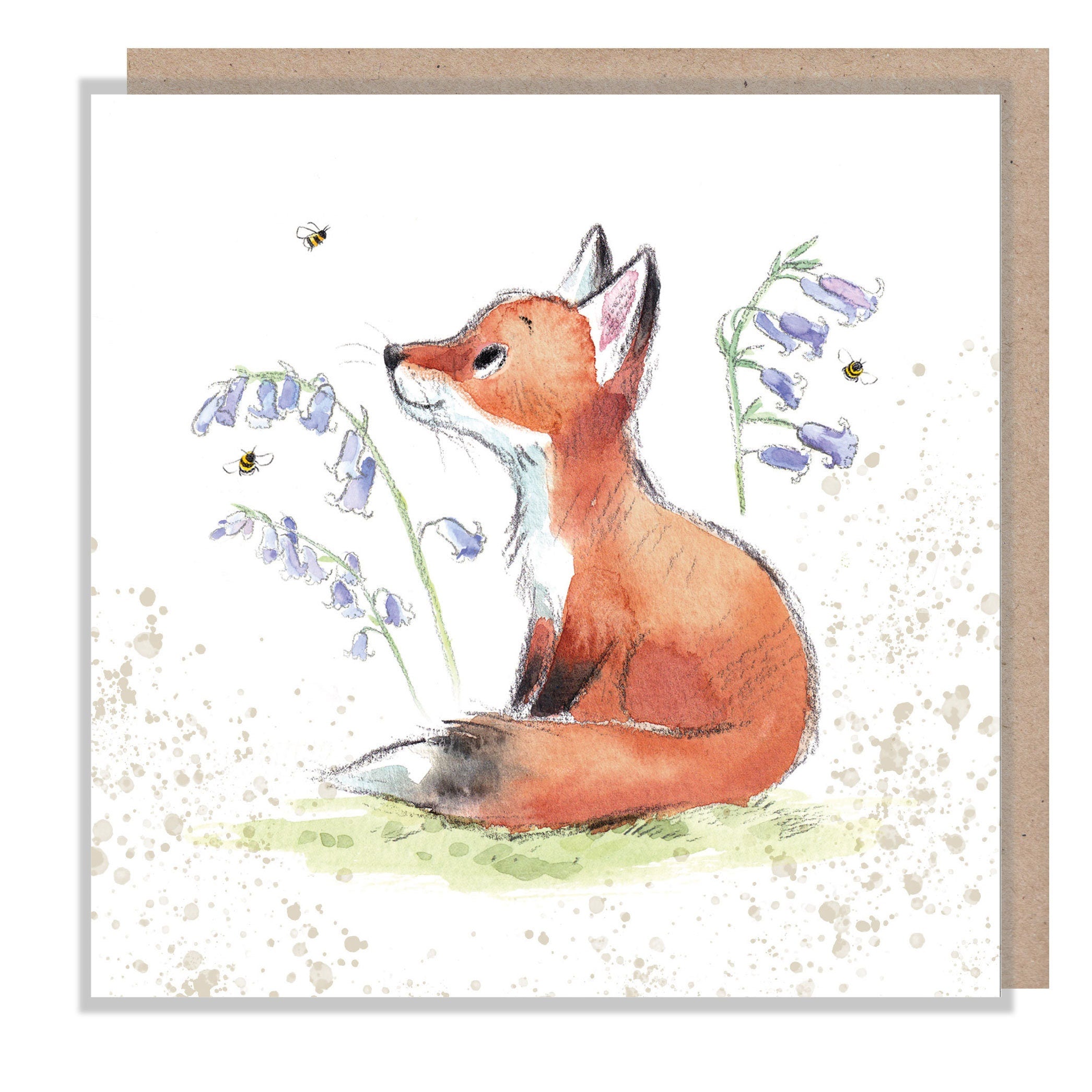 Fox  Card - Quality Blank Greeting Card - Charming Fox and bluebell  illustration - 'Bucklebury Wood'  range - Made in UK -  BWE013