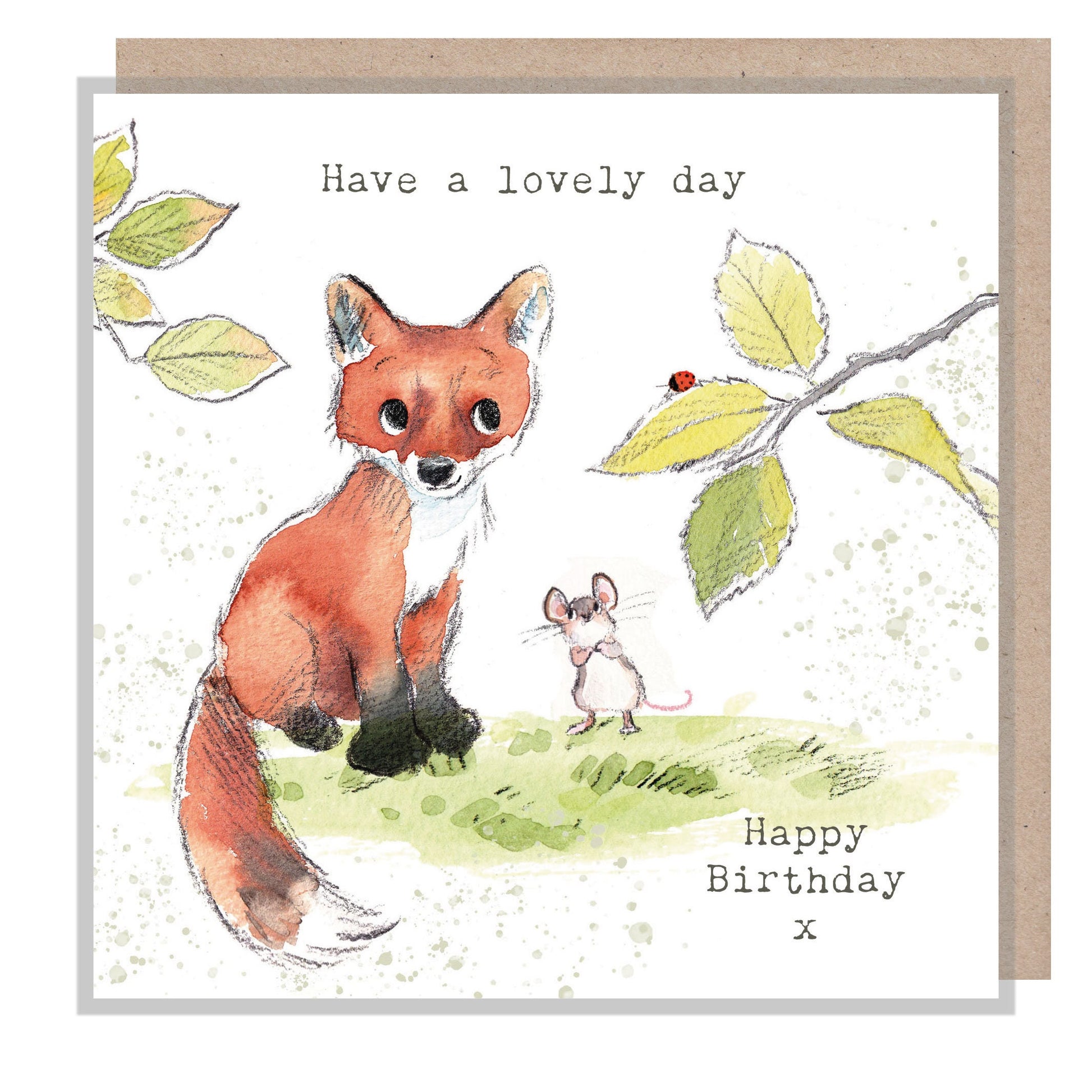 Fox Birthday Card - Have a Lovely Day -Charming illustration - Fox, Mouse and Ladybird- 'Bucklebury Wood'  range - Made in UK -  BWE010