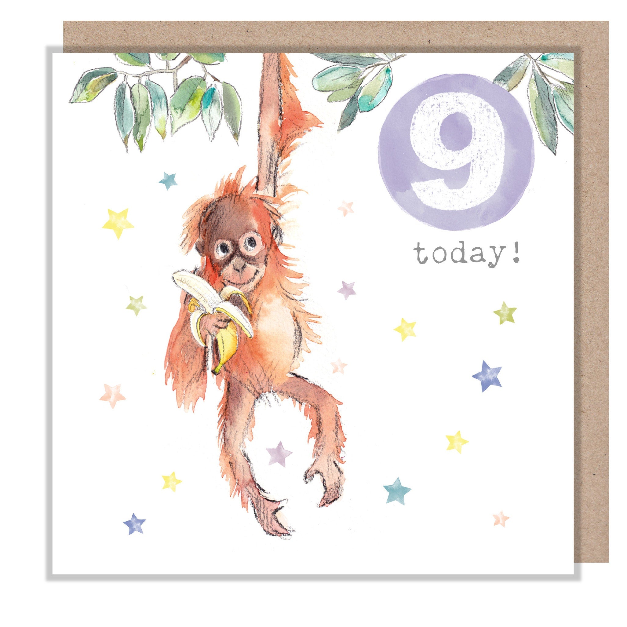AGE 9 Birthday Card -  Charming illustration - Orangutan,  'Party Time'  range - Made in UK -  PTAGE09