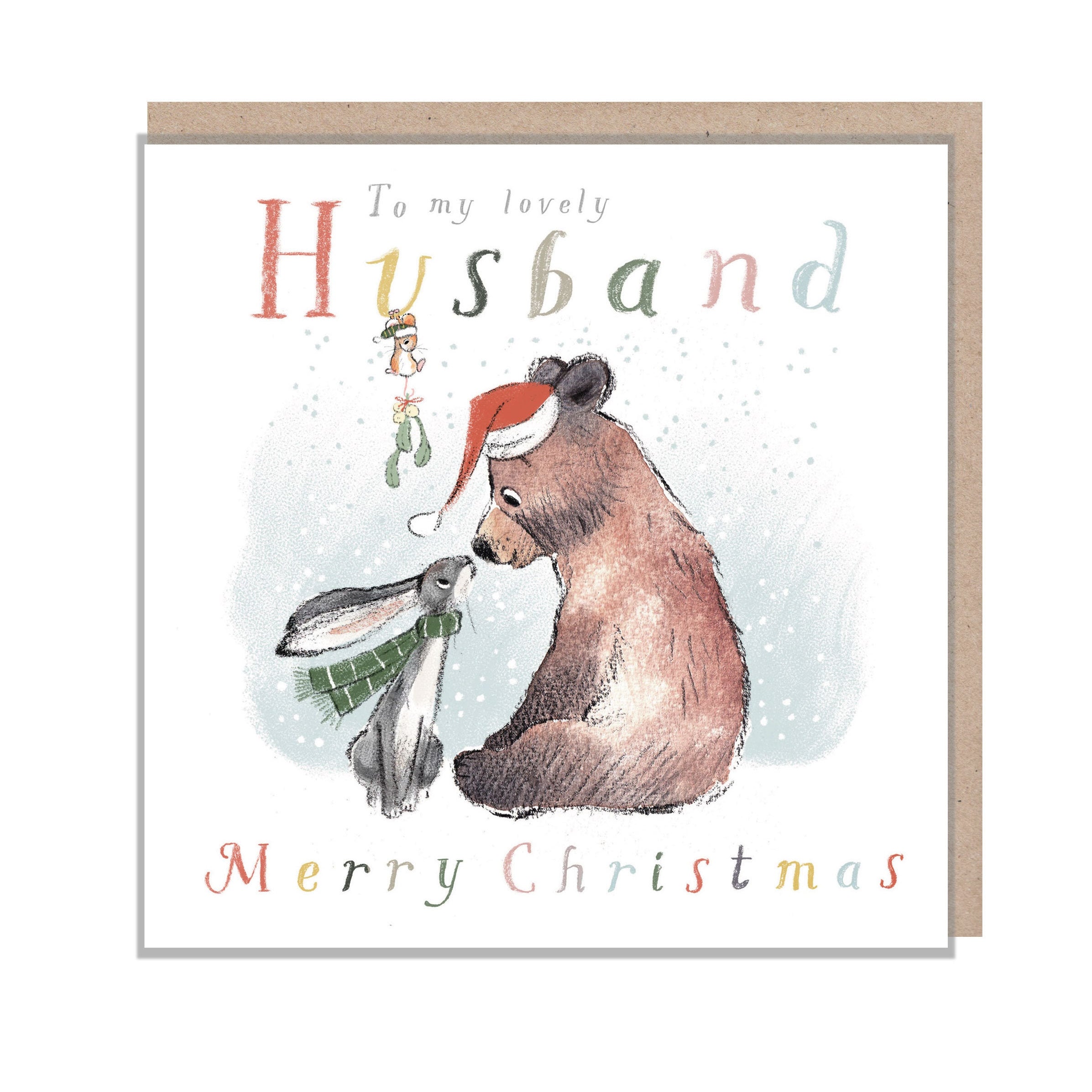 Husband Christmas Card, 'the Bear, the Hare, and the Mouse', Cute heart warming Bear Illustration, to my lovely Husband, made in UK, BHMX012