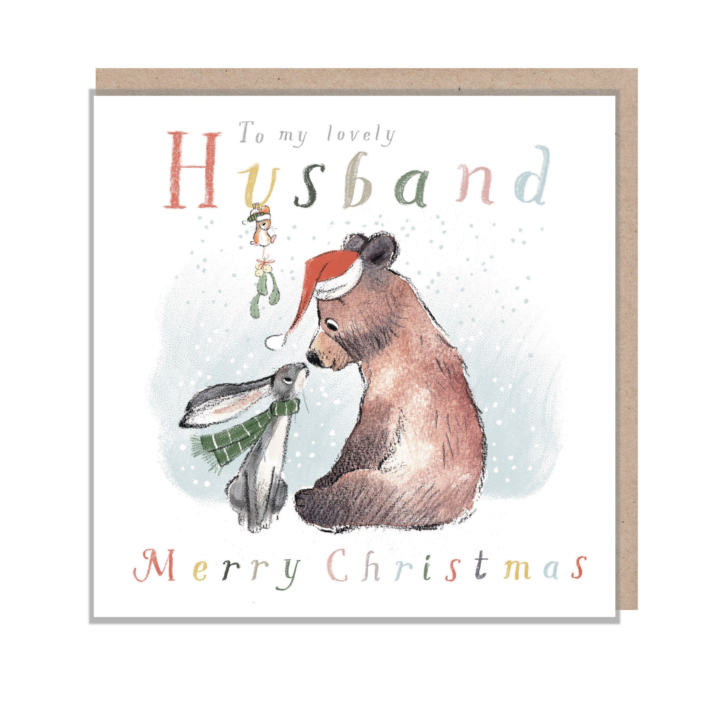 Husband Christmas Card, 'the Bear, the Hare, and the Mouse', Cute heart warming Bear Illustration, to my lovely Husband, made in UK, BHMX012