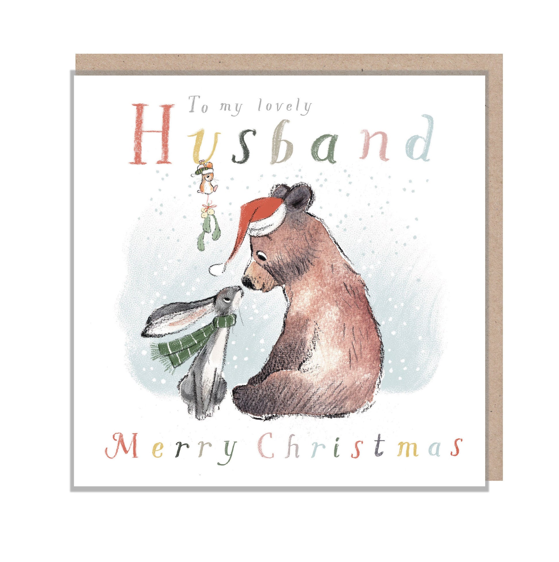 Husband Christmas Card, 'the Bear, the Hare, and the Mouse', Cute heart warming Bear Illustration, to my lovely Husband, made in UK, BHMX012
