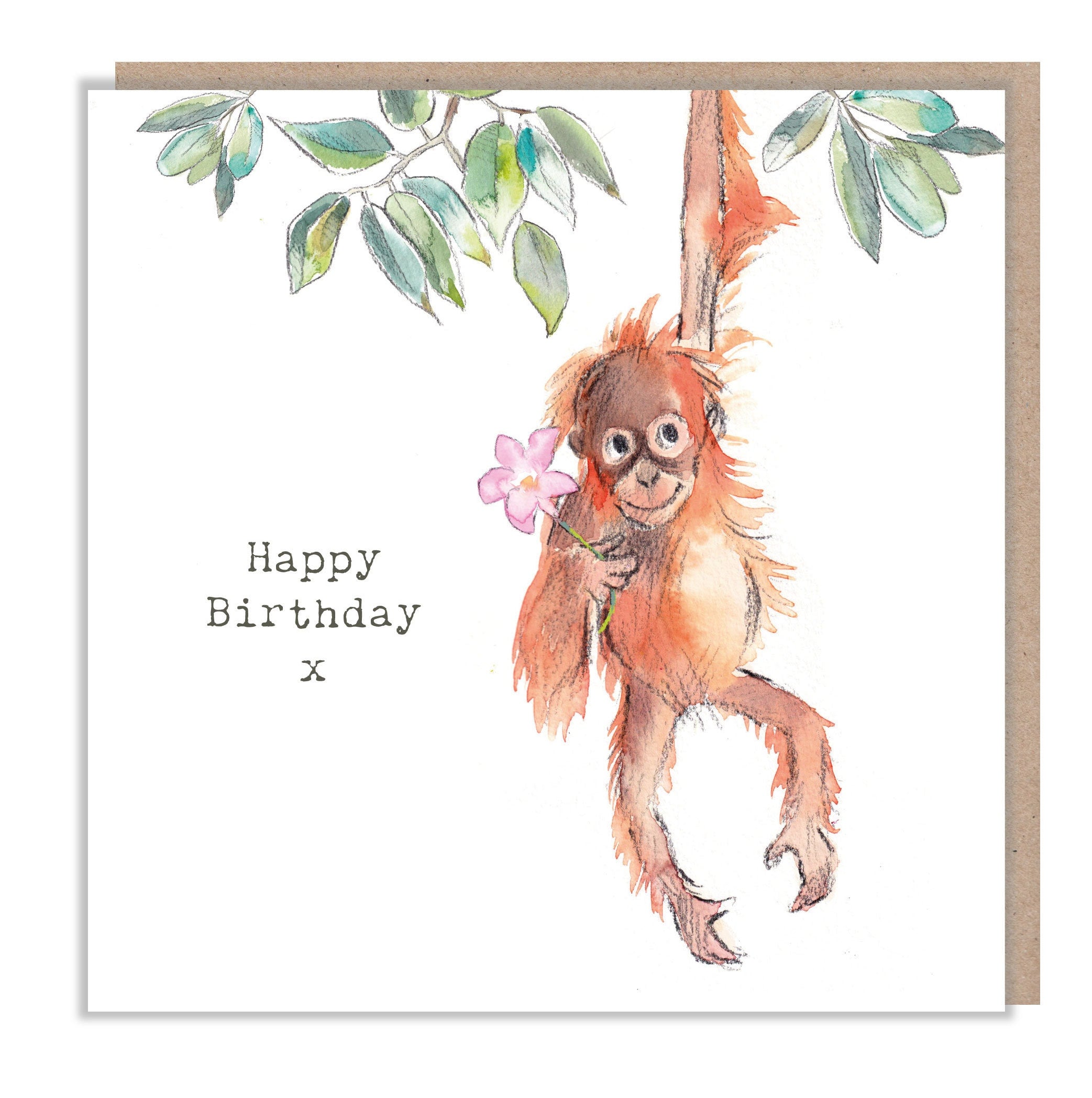 Orangutan Birthday Card - Charming illustration - Orangutan with flower - 'Wonderfully Wild'  range - Made in UK -  WWE06