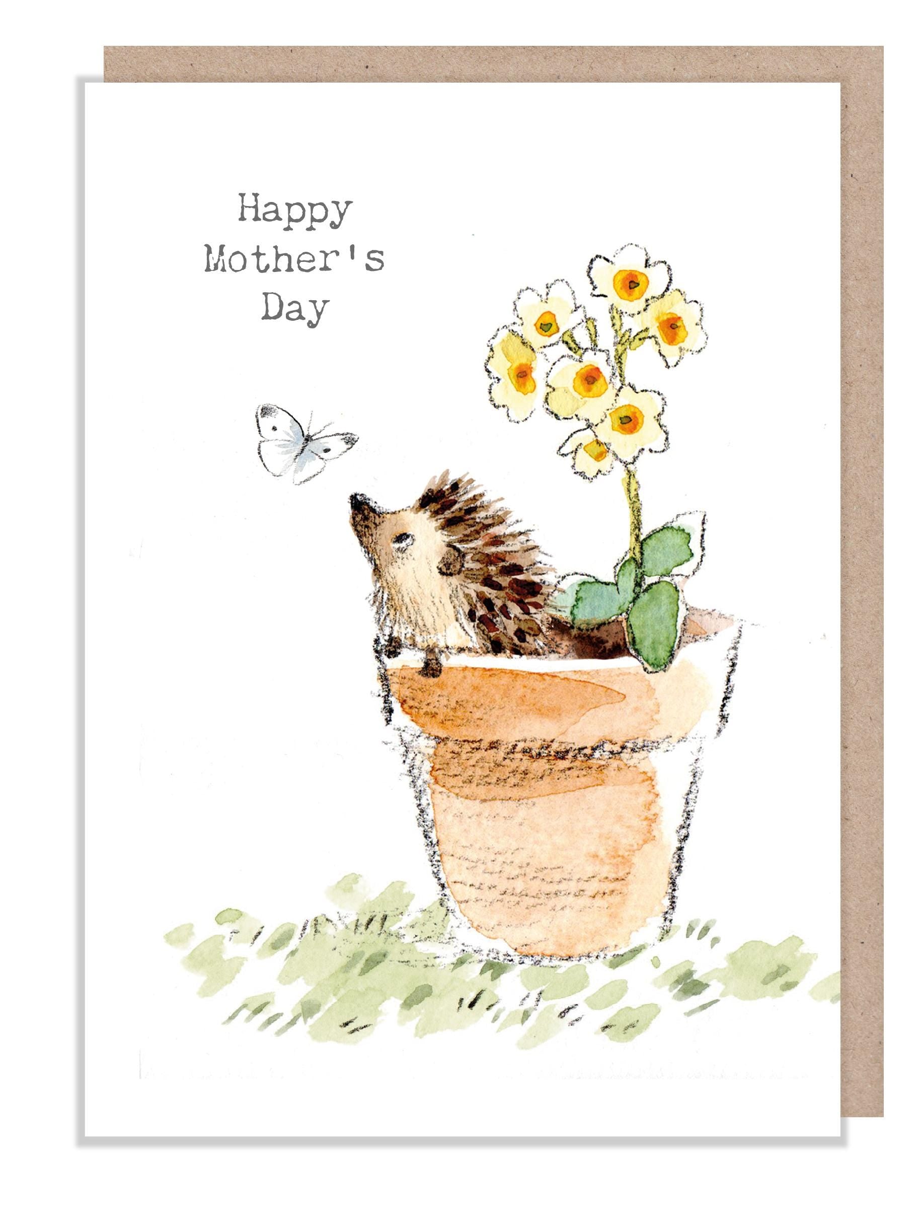 Mothers day - Quality Card - Charming illustration - Hedgehog in Flowerpot - 'Bucklebury Wood'  range - Made in UK -  BWMD02