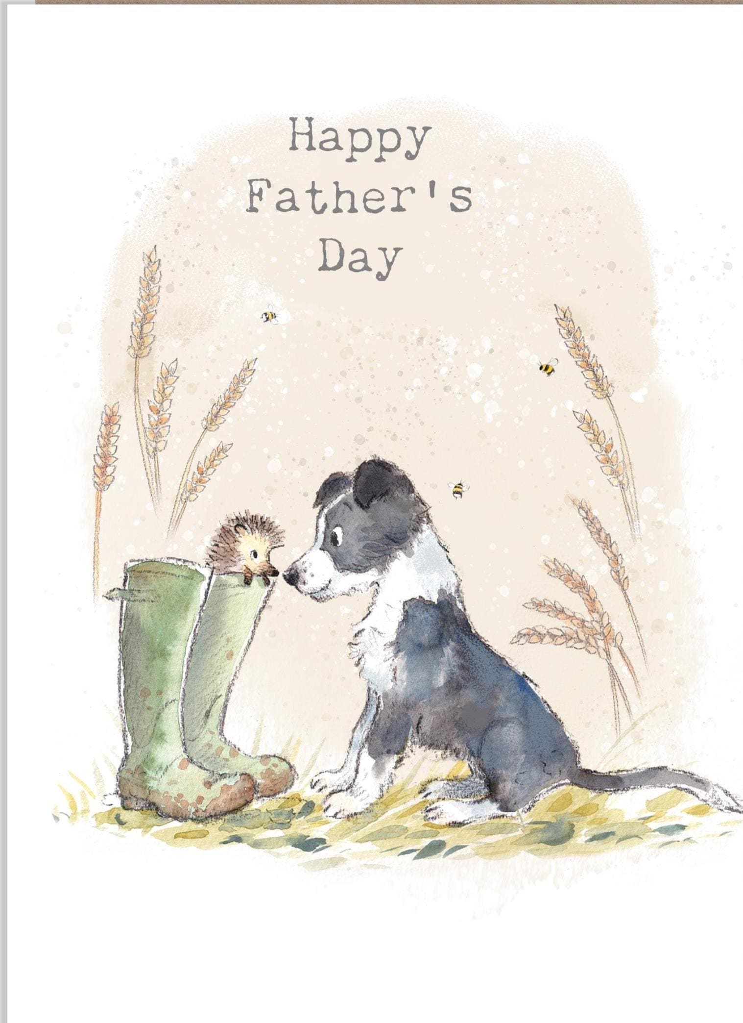 Fathers Day Card - Charming illustration - 'Buttercup Farm' range - Collie Dog and Hedgehog - Made UK -  BFFD01