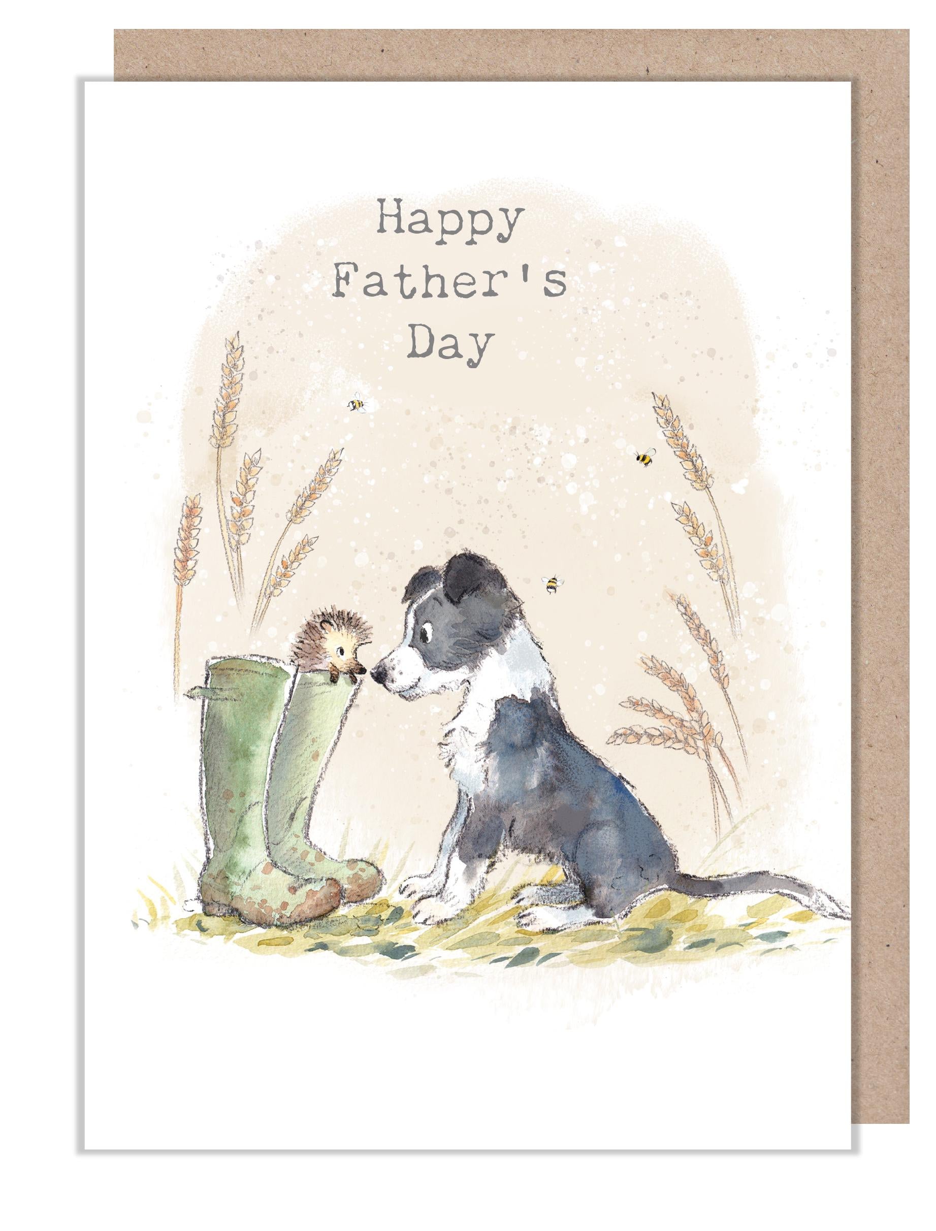 Fathers Day Card - Charming illustration - 'Buttercup Farm' range - Collie Dog and Hedgehog - Made UK -  BFFD01