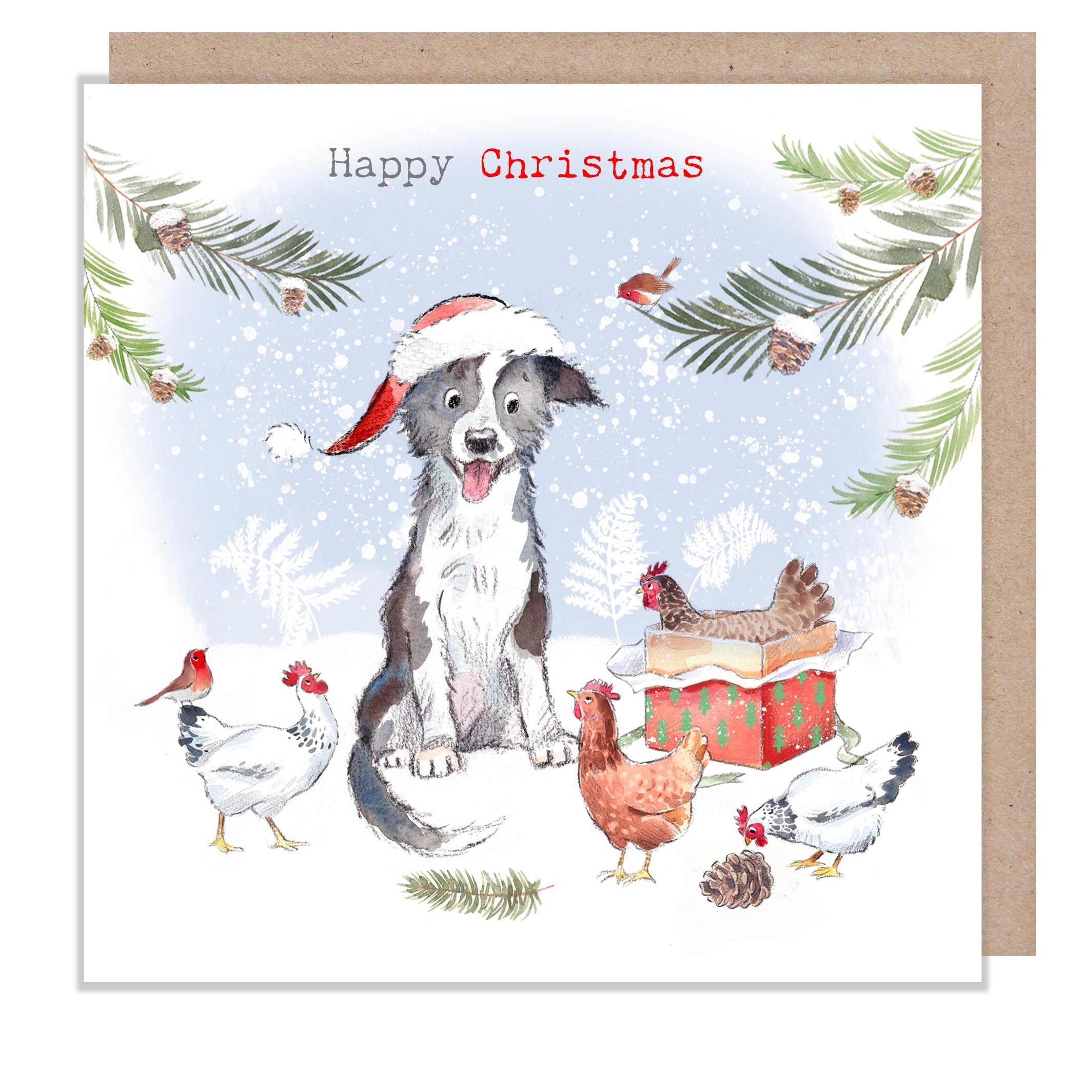 Happy Christmas - Dog and Chickens 'Buttercup Farm' Illustration BFX02