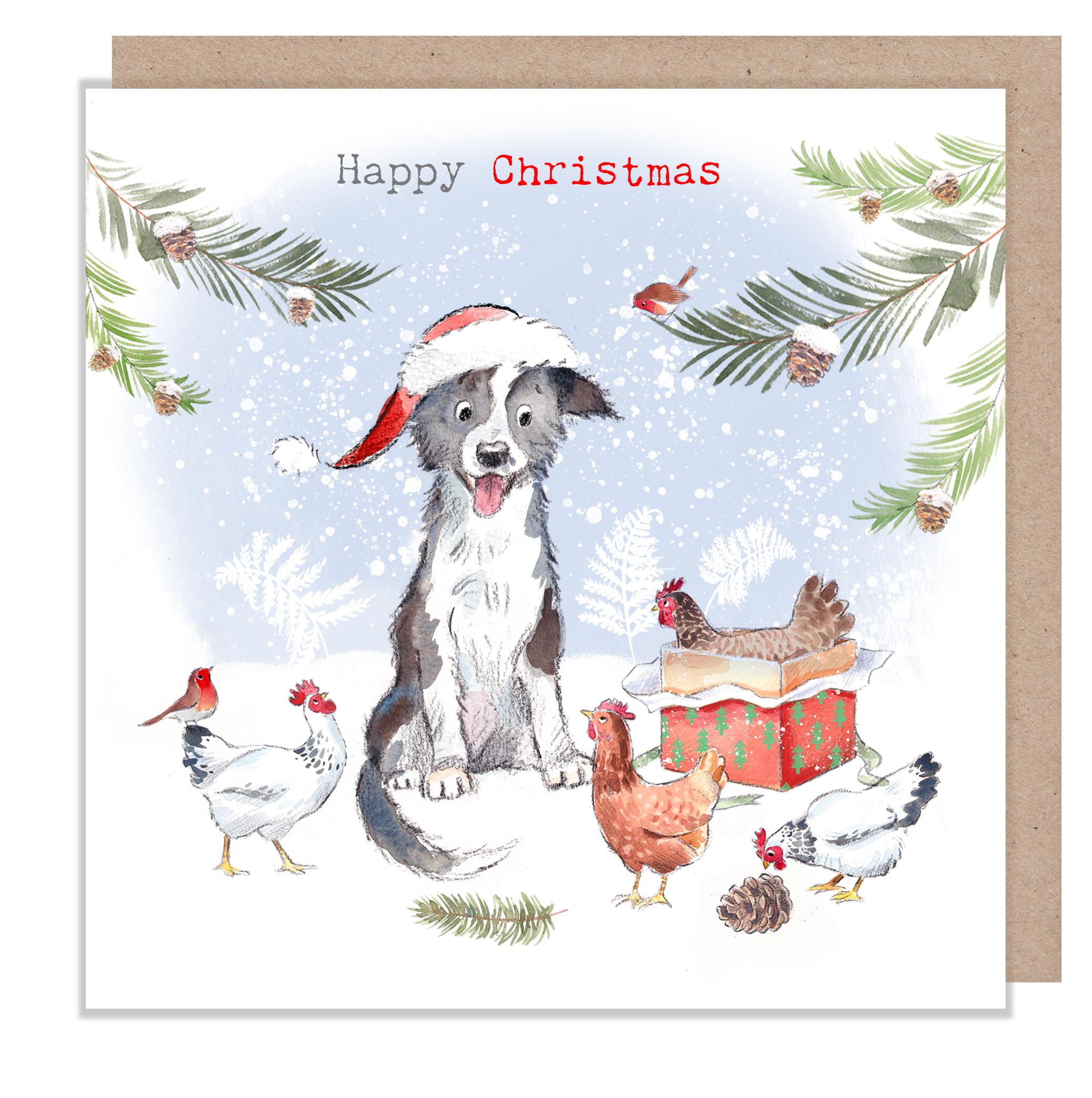 Happy Christmas - Dog and Chickens 'Buttercup Farm' Illustration BFX02