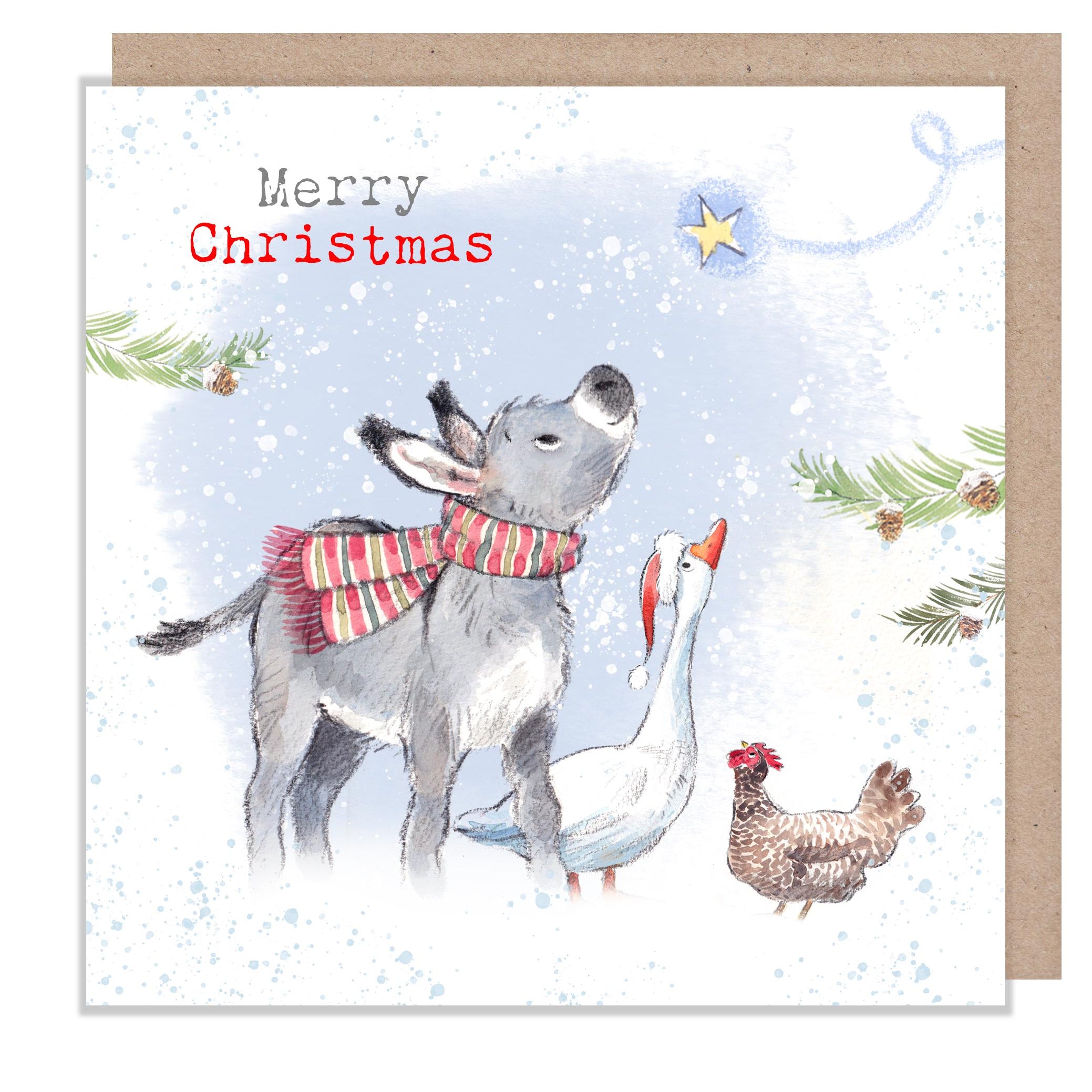 Merry Christmas -Donkey, Goose & Hen : Charming Farm Illustration BFX03