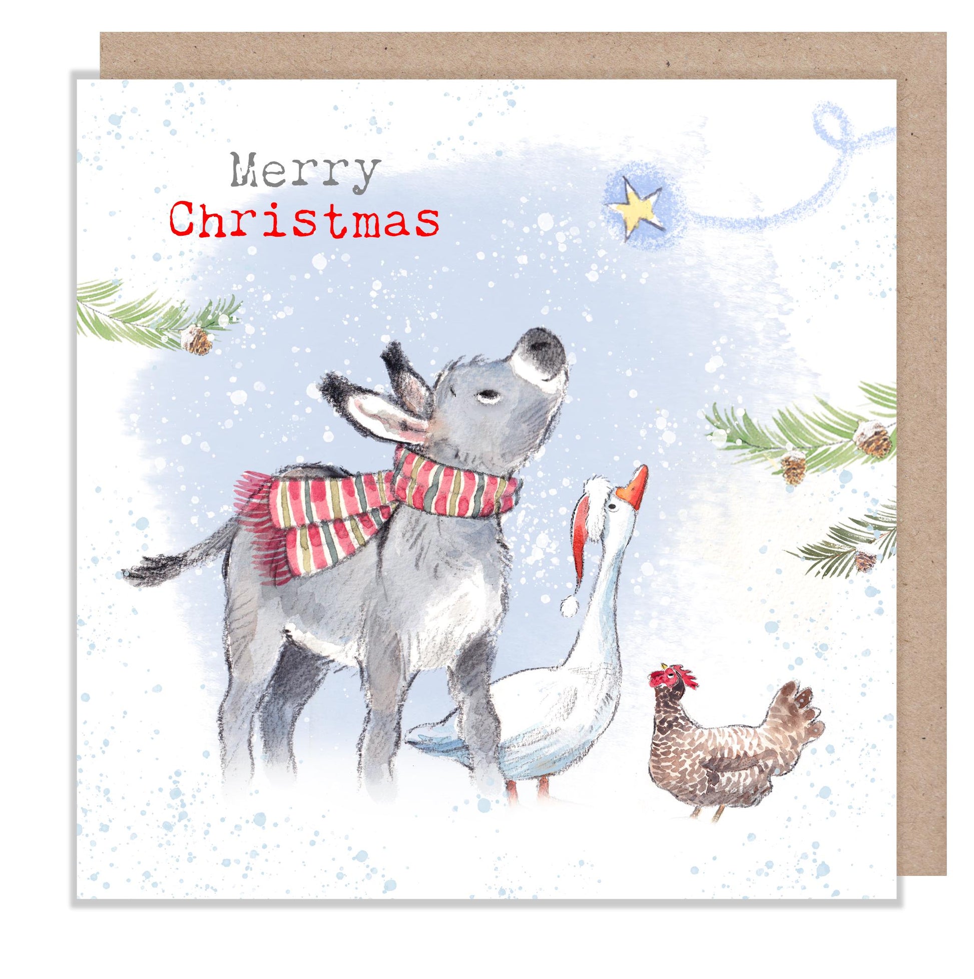 Merry Christmas -Donkey, Goose & Hen : Charming Farm Illustration BFX03