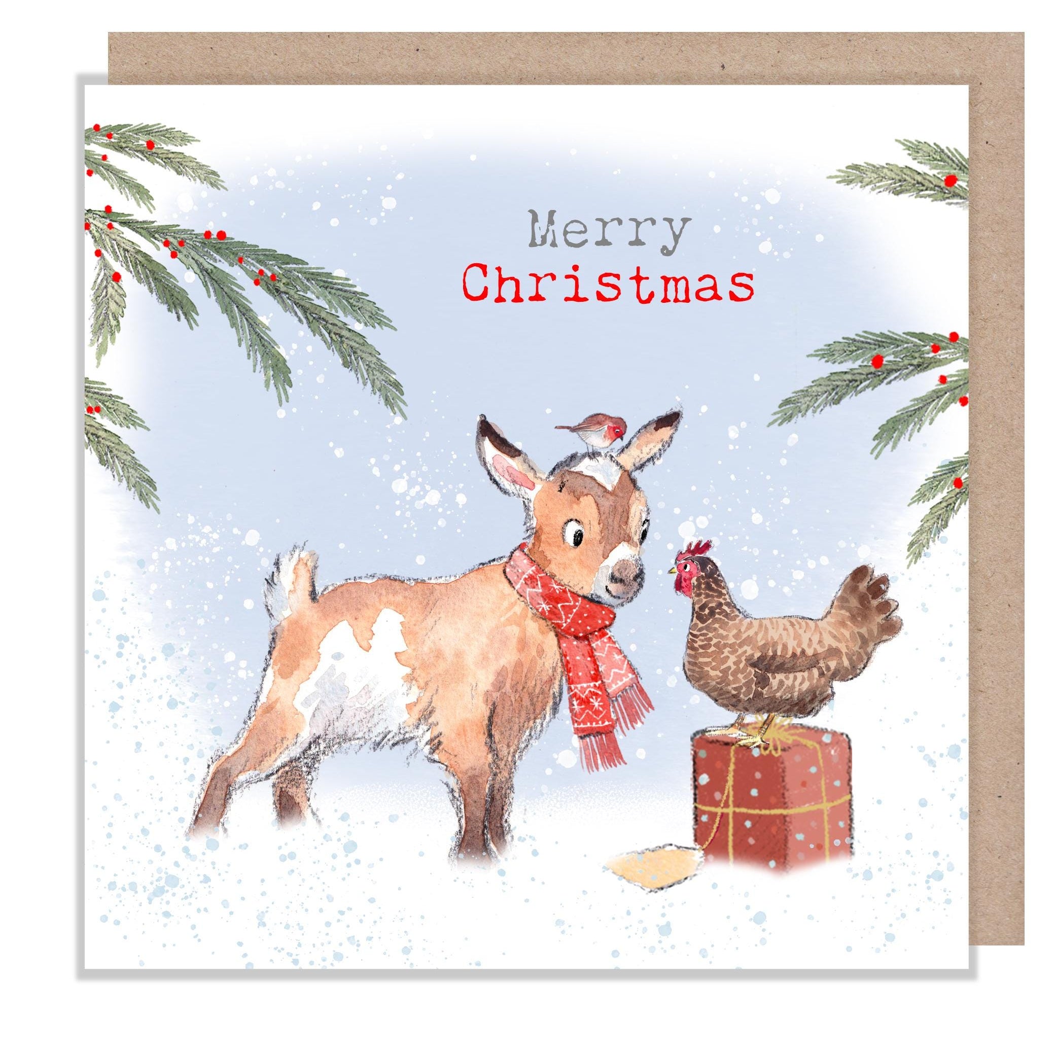 Merry Christmas - Quality Greeting Card - Charming illustration - 'Buttercup Farm' range - Goat and Hen - Made in UK -  BFX04