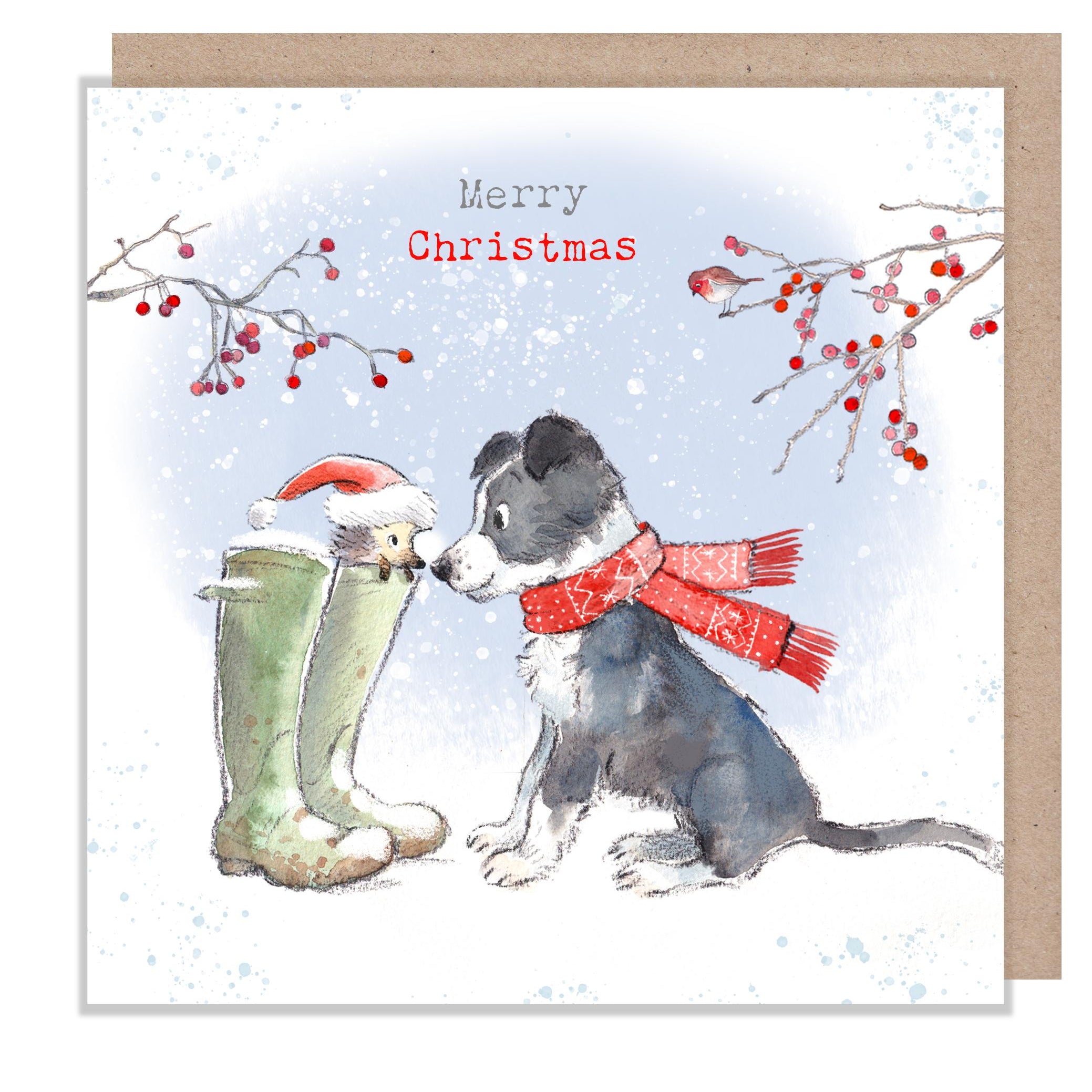 Merry Christmas- Quality Greeting Card - Charming illustration - 'Buttercup Farm' range - Collie Dog and Hedgehog - Made in UK -  BFX05