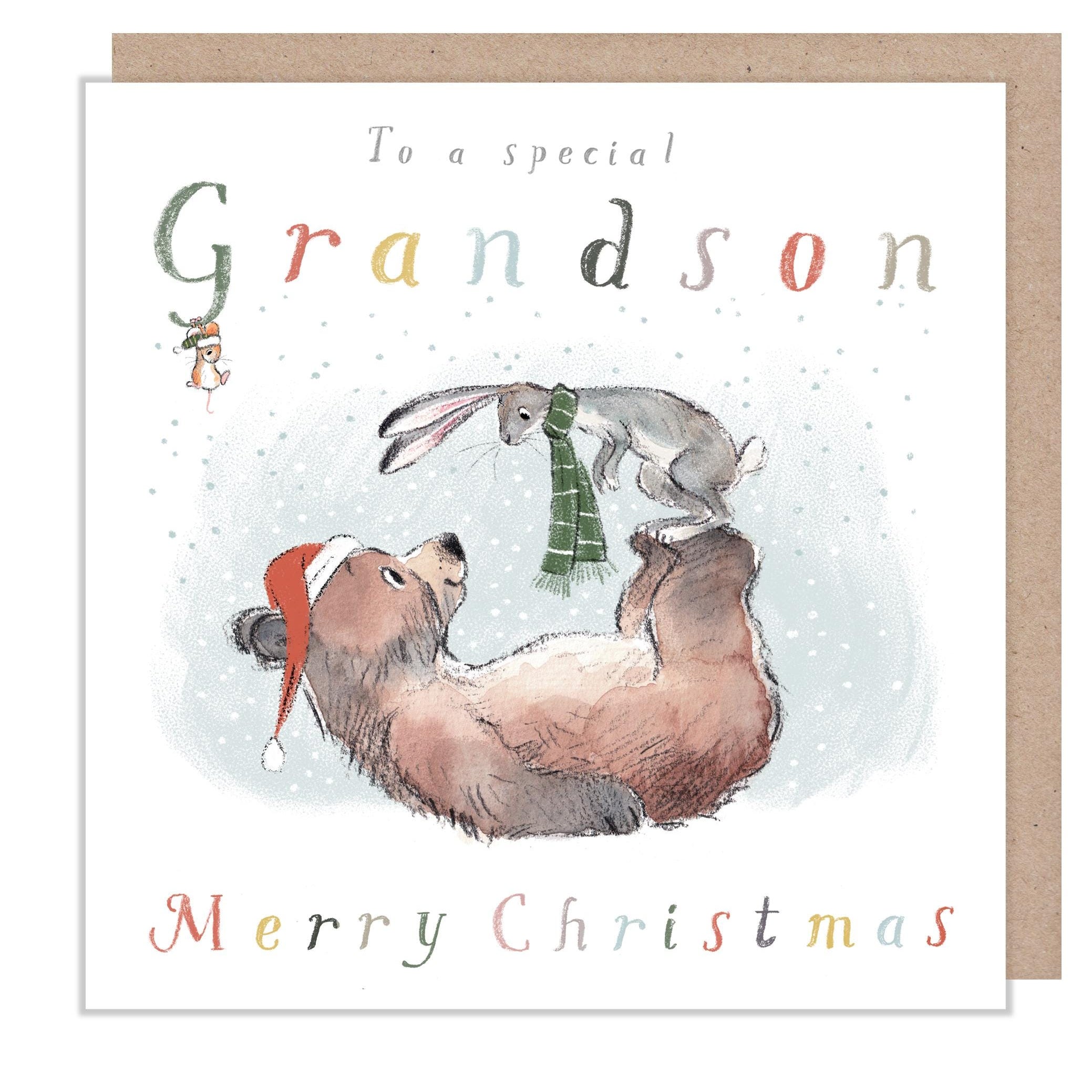 Grandson Christmas Card, ' Bear, the Hare, and the Mouse', Cute heart warming  Bear Illustration, made in UK, BHMX026