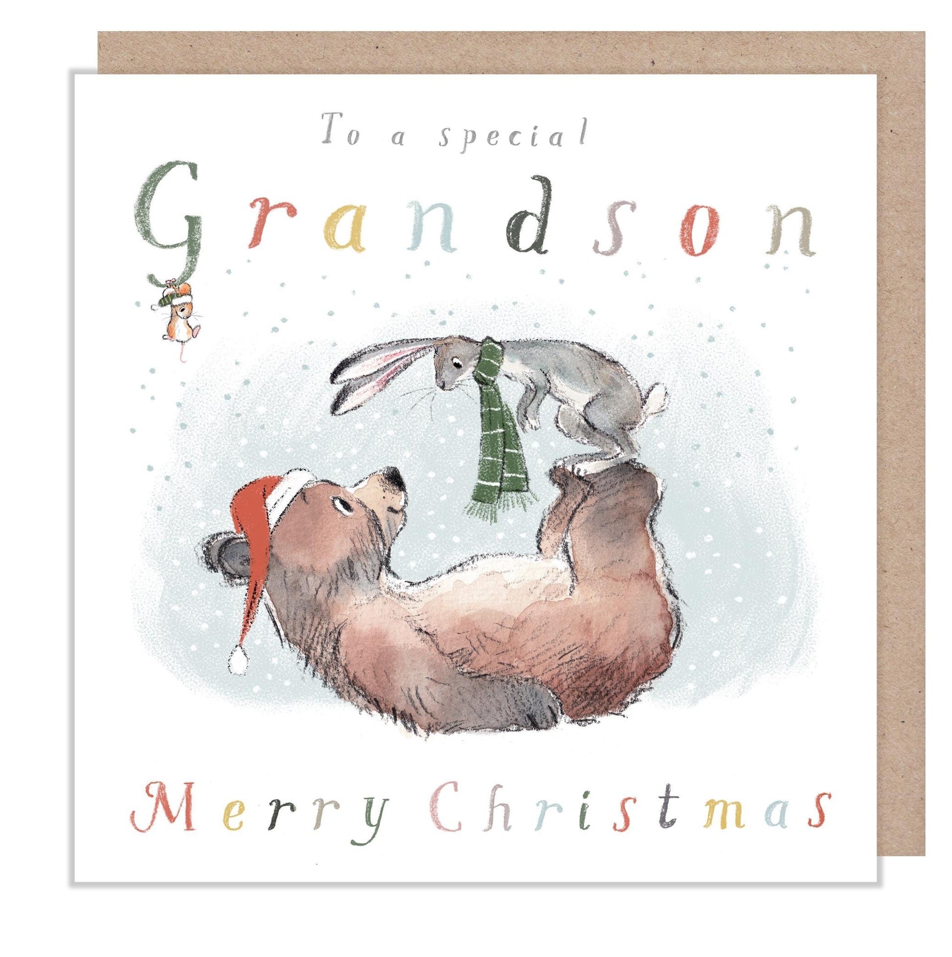 Grandson Christmas Card, ' Bear, the Hare, and the Mouse', Cute heart warming  Bear Illustration, made in UK, BHMX026