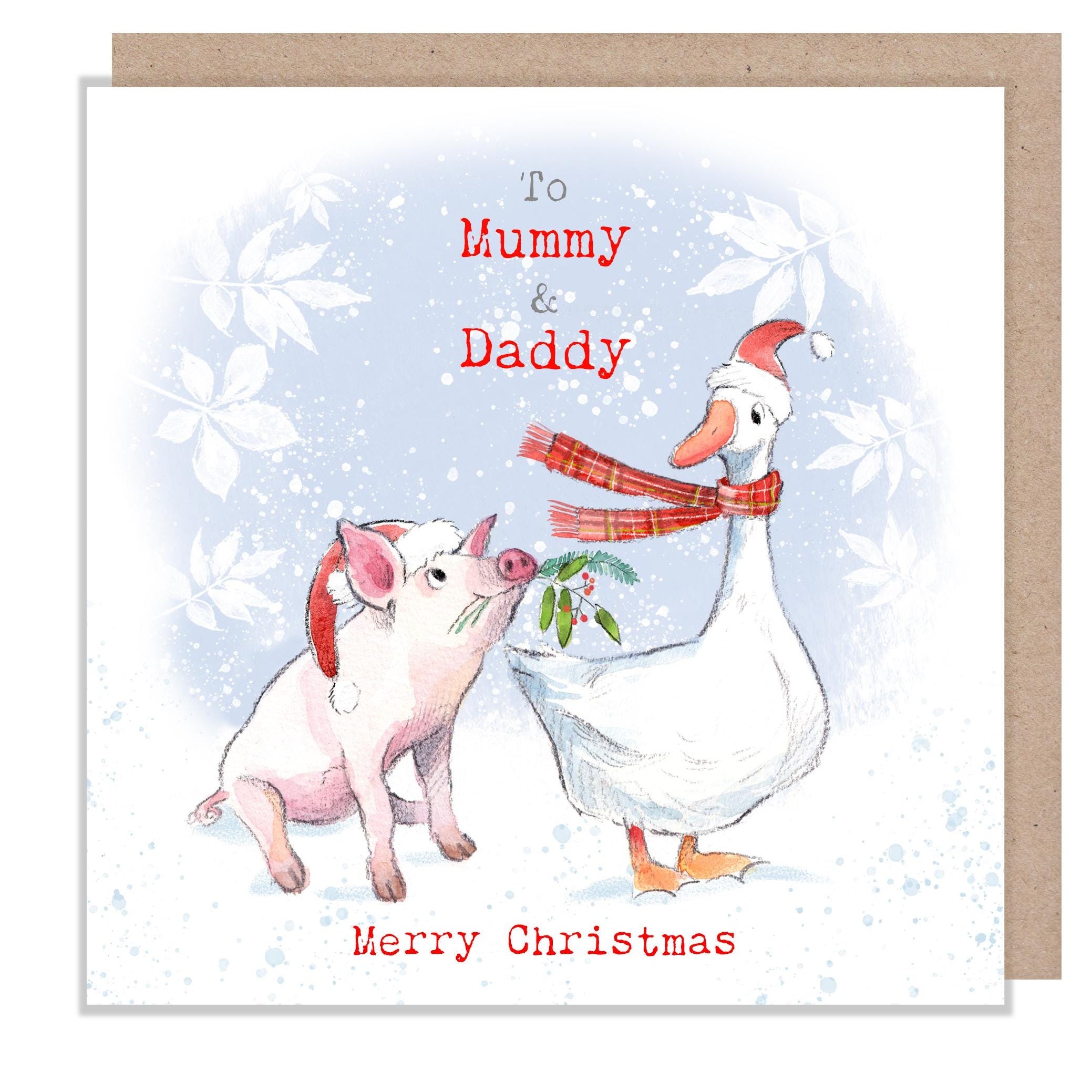 Mummy & Daddy Christmas card - Charming illustration - 'Buttercup Farm' range - Pig and Goose- Made in UK -  BFX011
