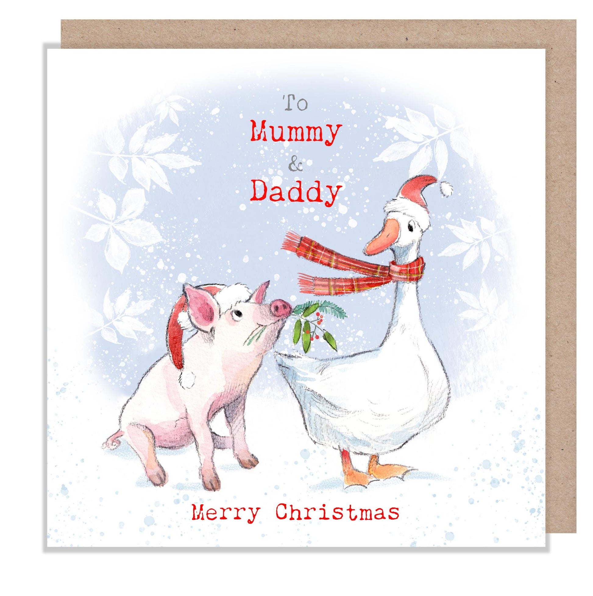Mummy & Daddy Christmas card - Charming illustration - 'Buttercup Farm' range - Pig and Goose- Made in UK -  BFX011