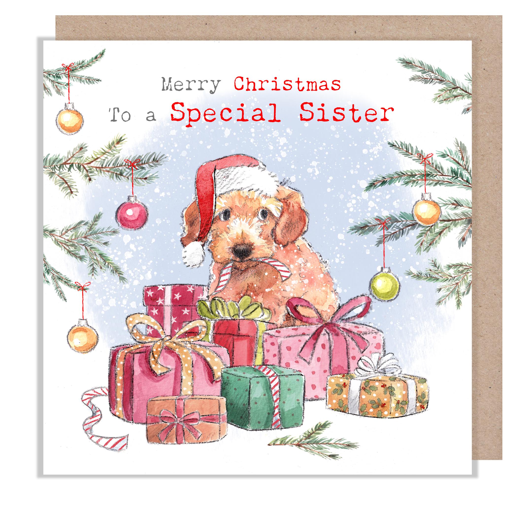 Sister Christmas Card - Quality Christmas Card - 150 x 150mm -  Charming Dog illustration - 'Absolutely barking' range - Made in UK - ABX132