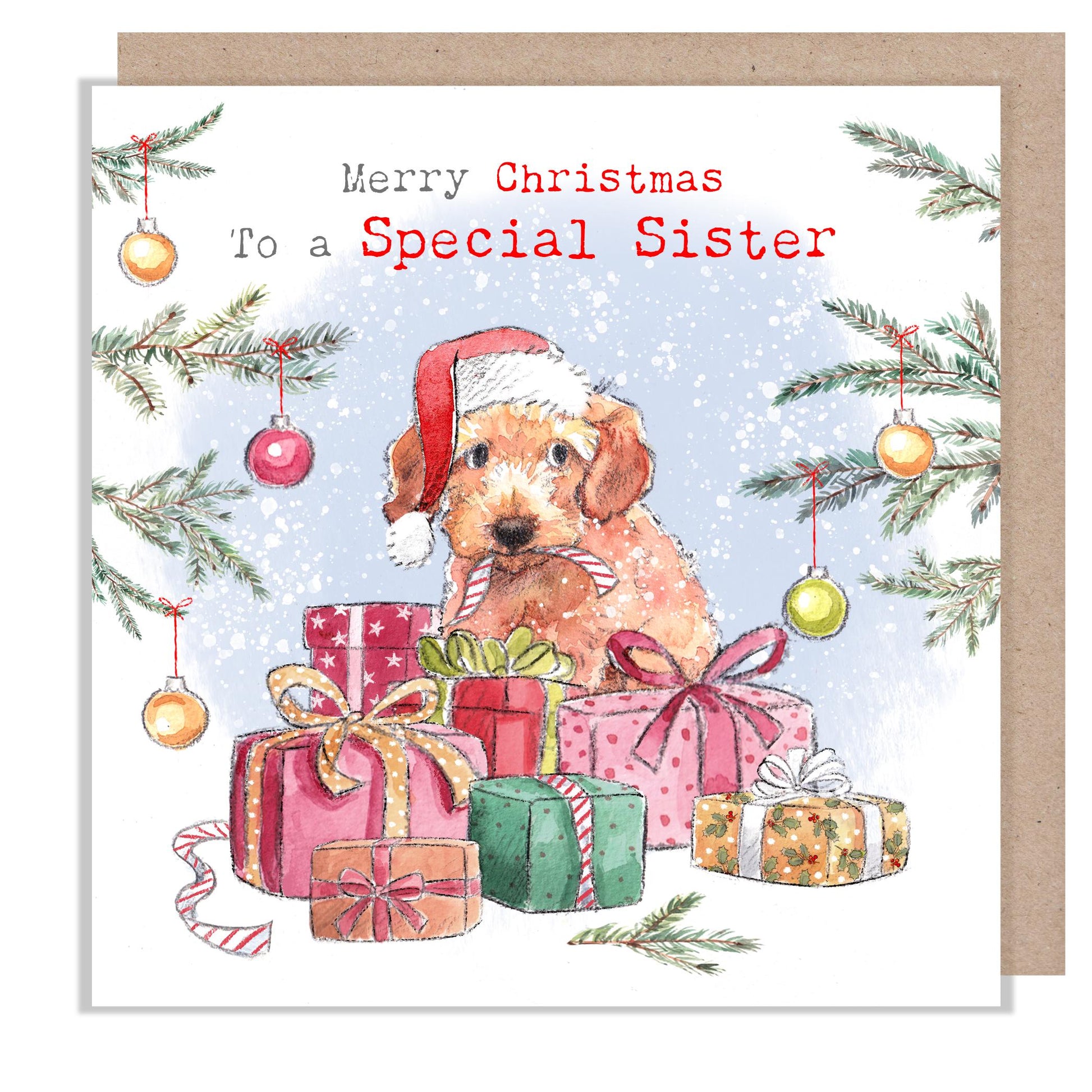 Sister Christmas Card - Quality Christmas Card - 150 x 150mm -  Charming Dog illustration - 'Absolutely barking' range - Made in UK - ABX132