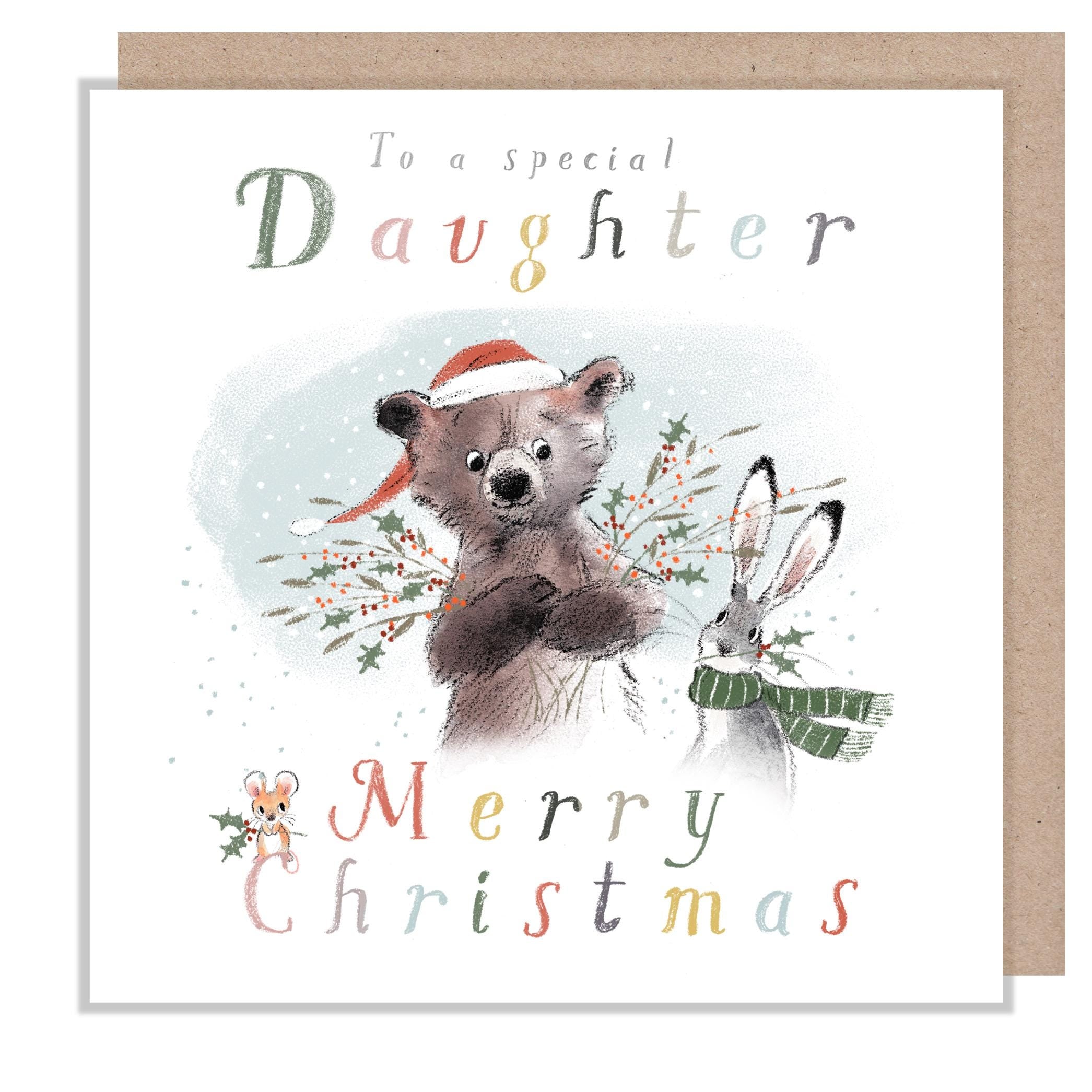 Daughter Christmas Card, 'the Bear, the Hare, and the Mouse', Cute heart warming  Bear Illustration, made in UK, BHMX023